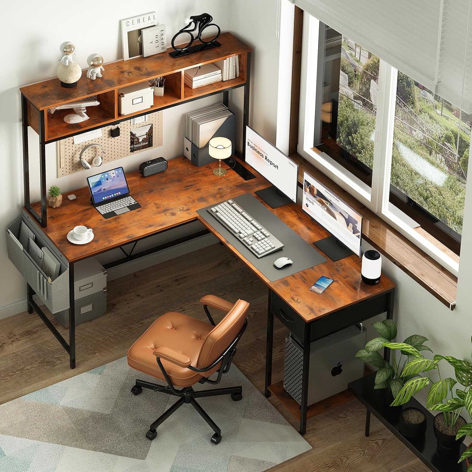 L Shaped Desk with LED Strip & Power Outlet, Reversible L-Shaped Computer Desk, Corner Desks Home Office Desk with Drawer