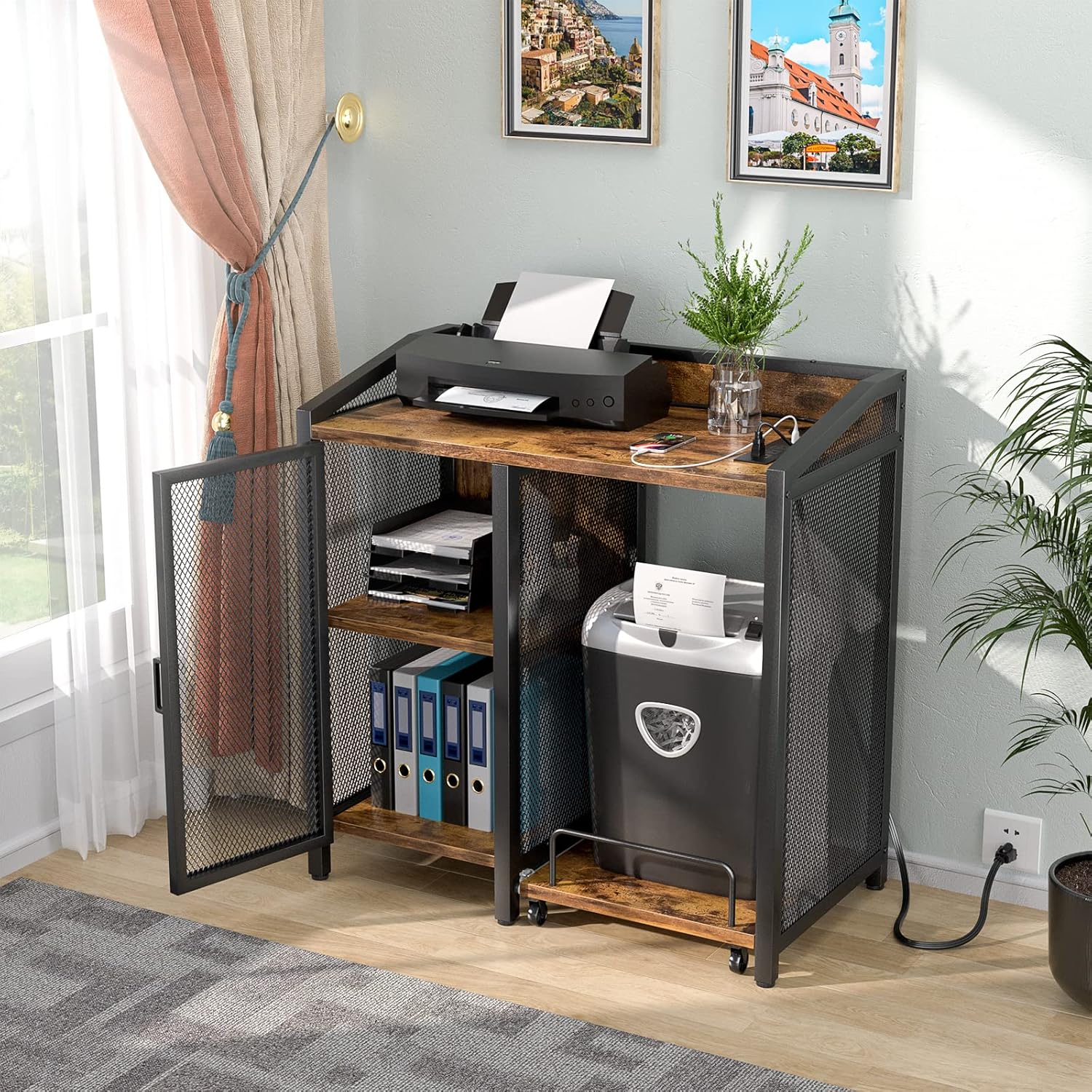 3-Tier Lateral Office Filing Cabinets with Socket and USB Charging Port, Modern Printer Stand and Paper Shredder Stand Rack