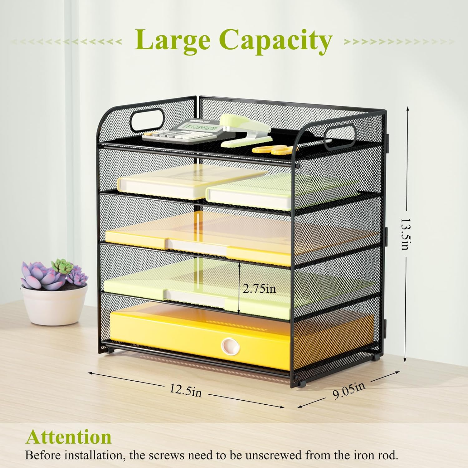 5 Tier Paper Letter Tray Organizer with Handles, Mesh Desk File Organizer Metal Paper Sorter Holder