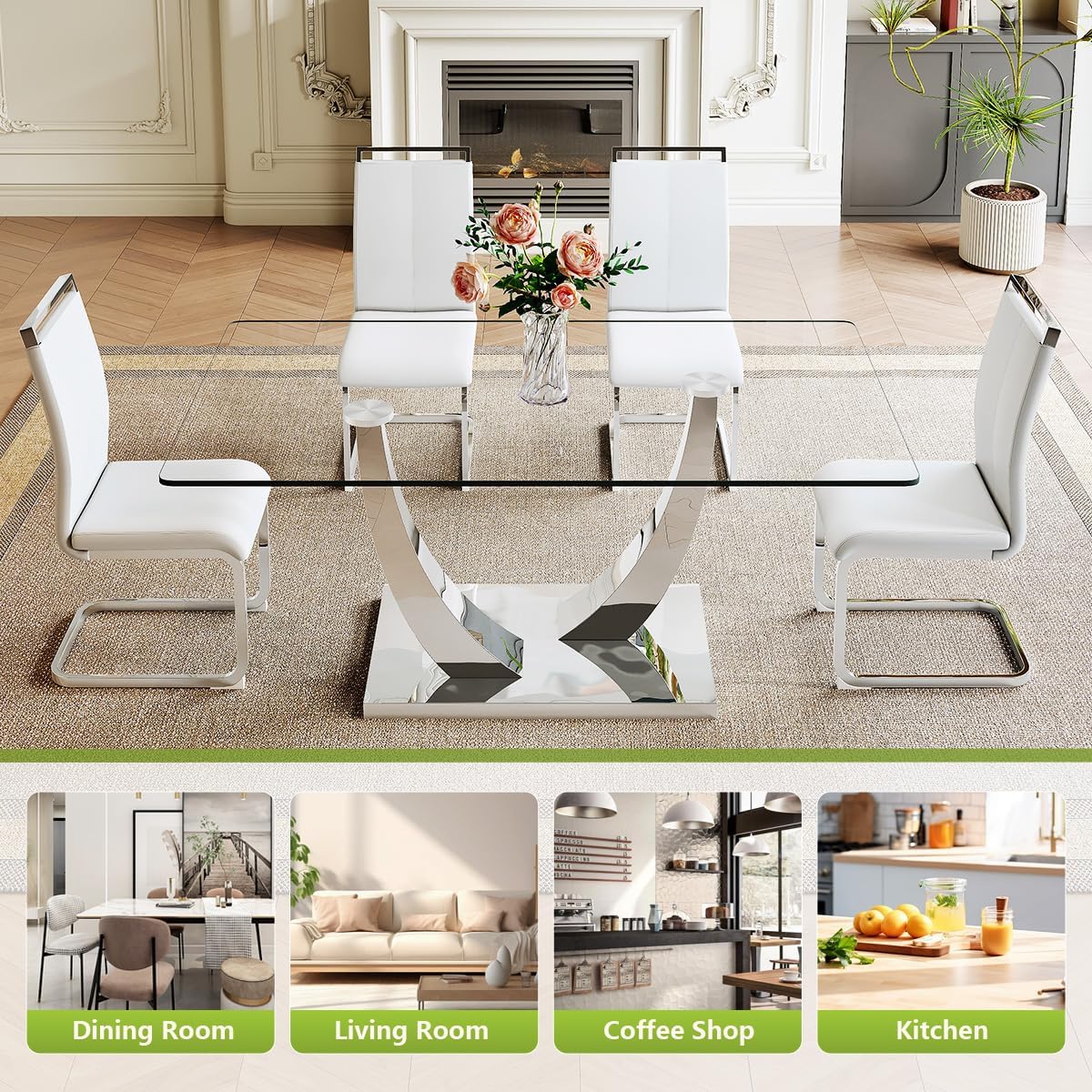 63'' Glass Dining Table Set for 4, Dining Room Table Set for 4