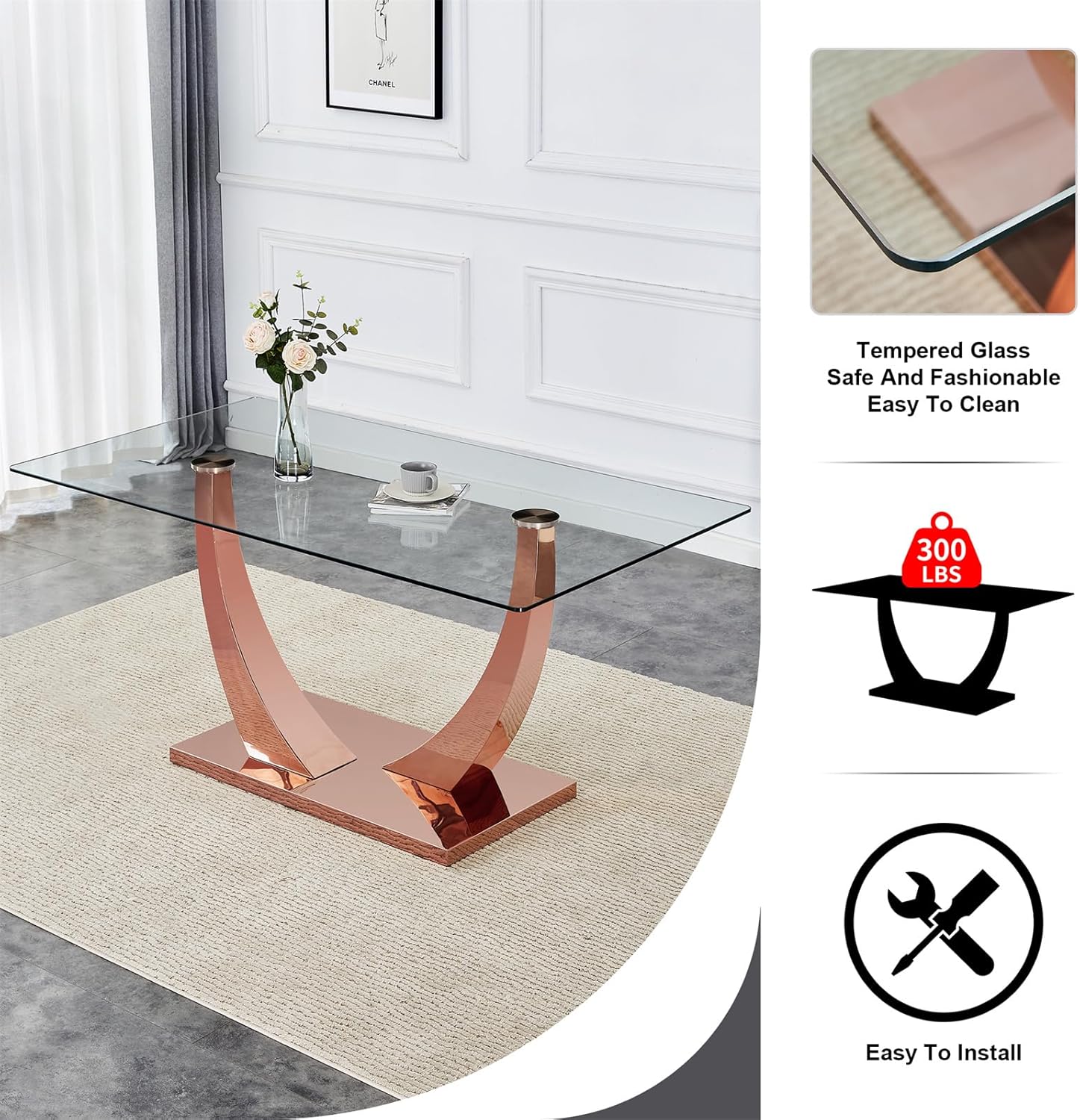 Glass Dining Table, 63" Glass Tabletop + Stainless Steel Leg + Stainless Steel Base