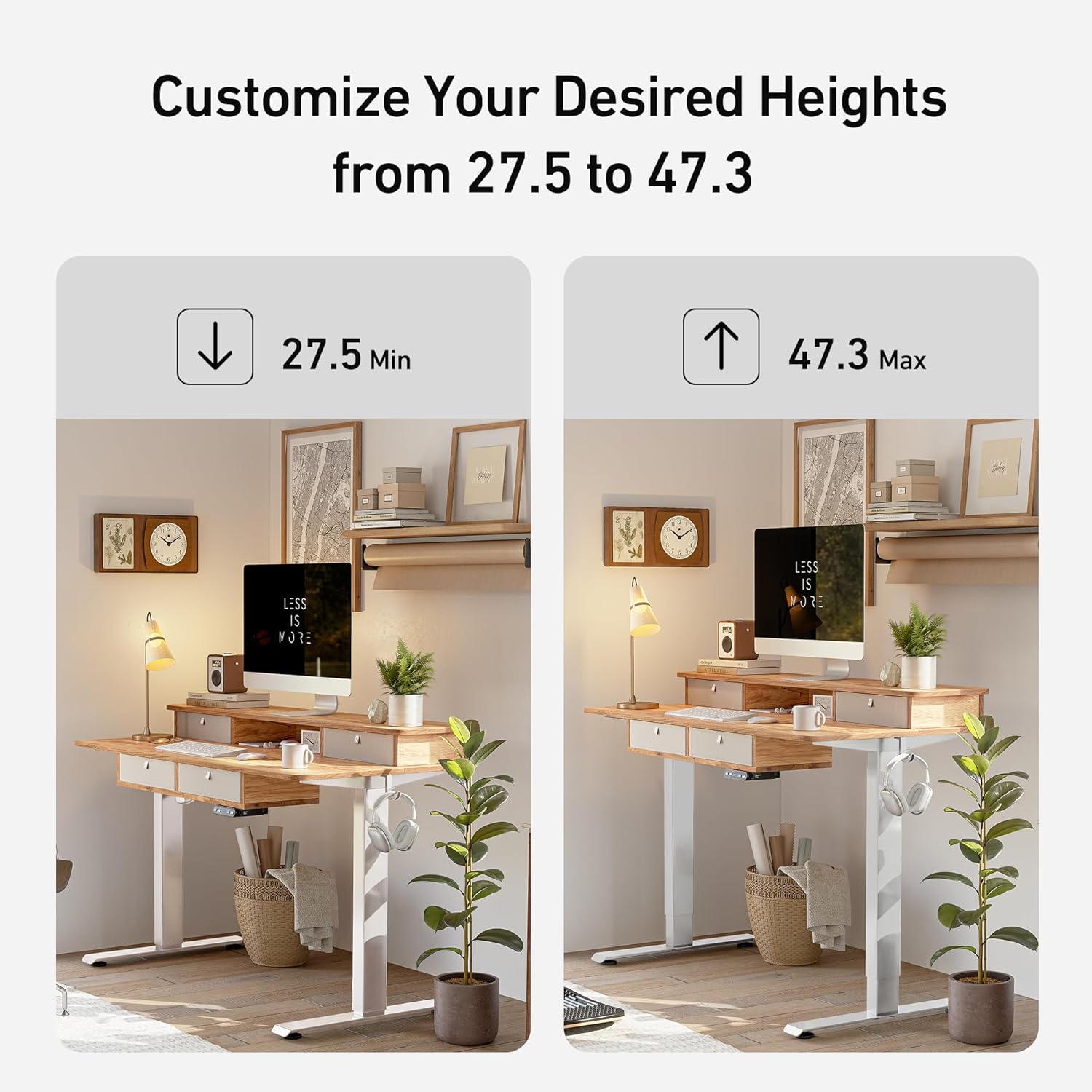 Sturdy Height Adjustable Electric Standing Desk with Drawers, 55 x 24 Inch Stand Up Table with Large Storage Shelf