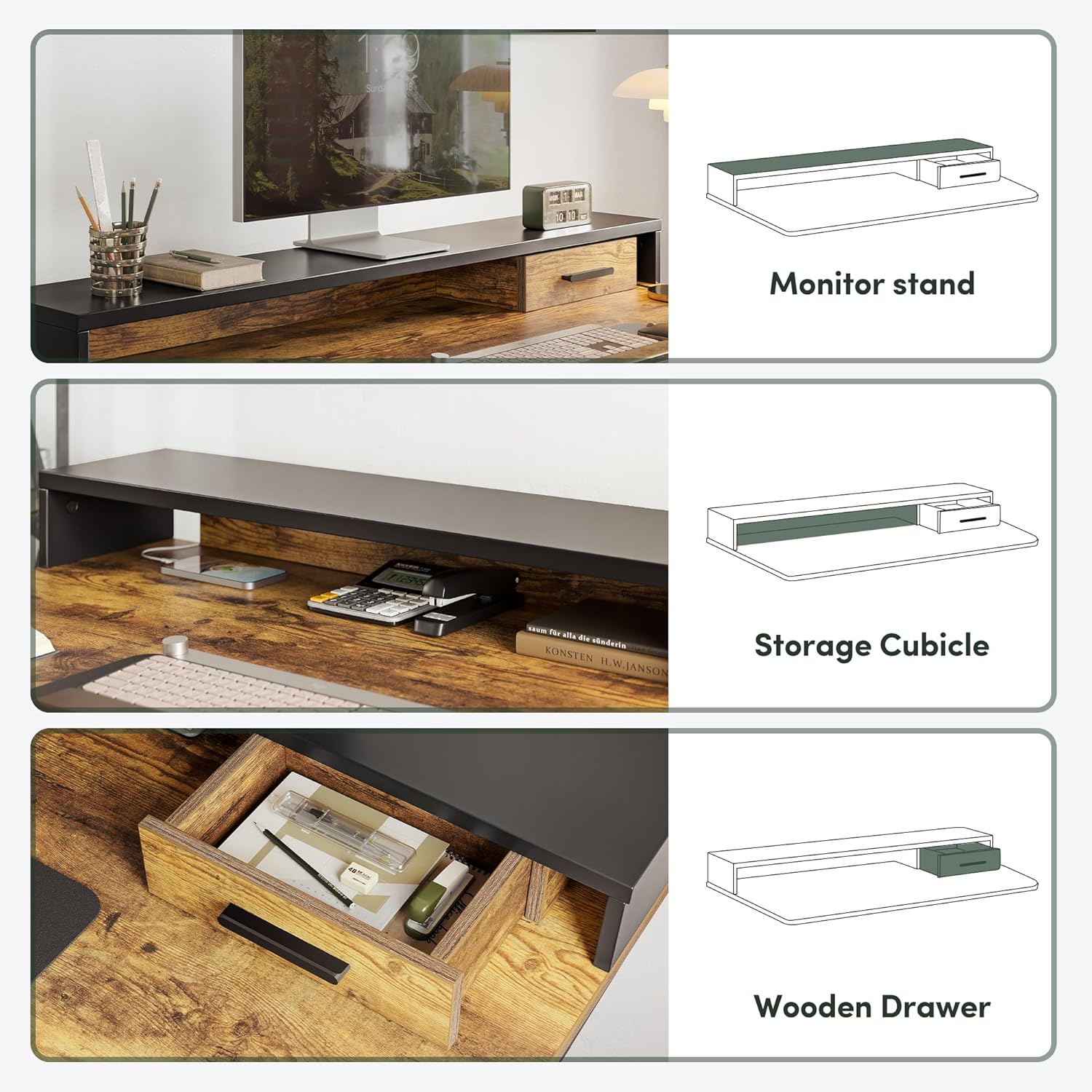 Whole-Piece Electric Standing Desk Adjustable Height with 3 Drawers, 48 x 24 inches Stand up Desk with Monitor Shelf