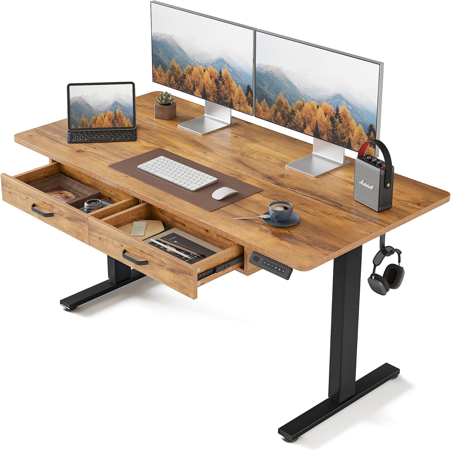 Adjustable Height Electric Standing Desk with Double Drawer, 55x 24 Inches Stand Up Home Office Desk with Splice Tabletop