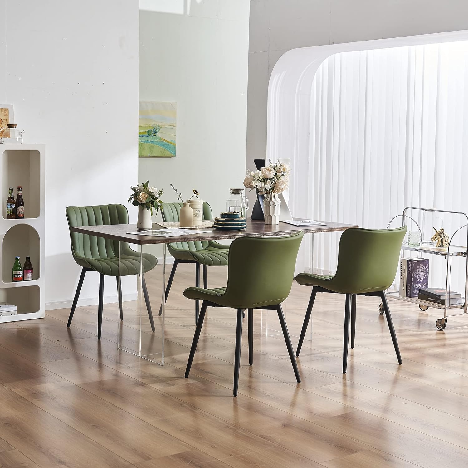 Olive Green Dining Chairs Set of 2 Upholstered Mid Century Modern Kitchen Chair Armless