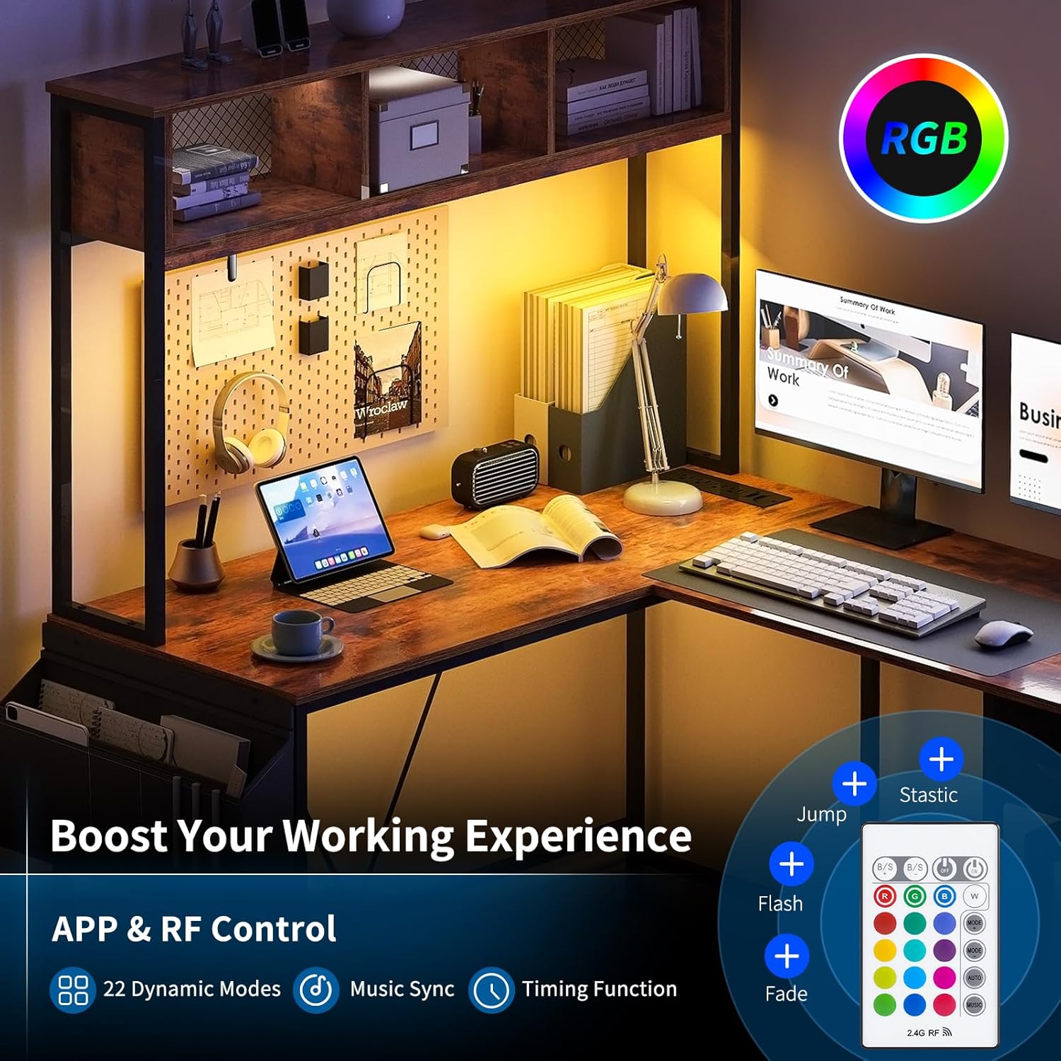 L Shaped Desk with LED Strip & Power Outlet, Reversible L-Shaped Computer Desk, Corner Desks Home Office Desk with Drawer