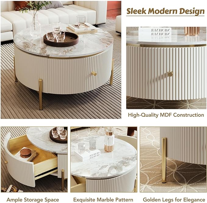 31.5" Modern Round Coffee Table with 2 Drawers