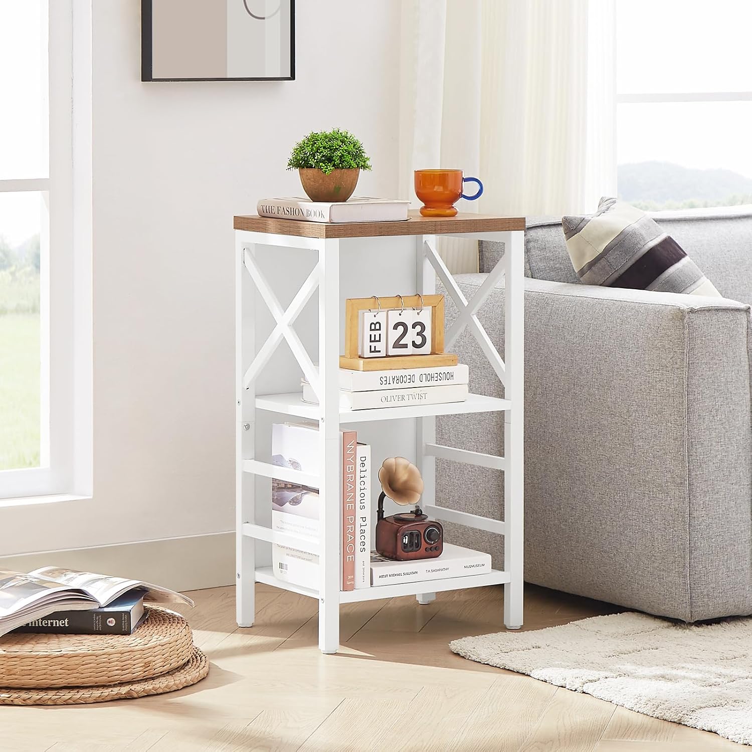 Small Bookcase,3 Tier Industrial Short Bookshelf with Metal Frame and Backboard,Low White Bookshelf
