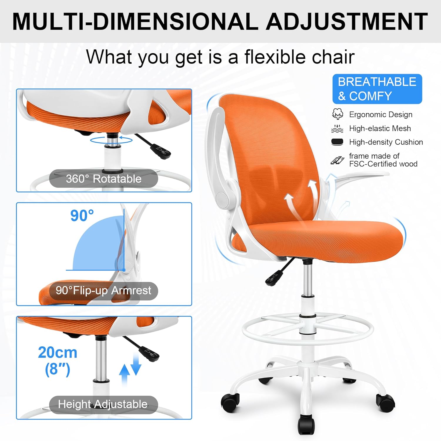 Drafting Chair Tall Office Chair with Flip-up Armrests Executive Ergonomic Computer Standing Desk Chair