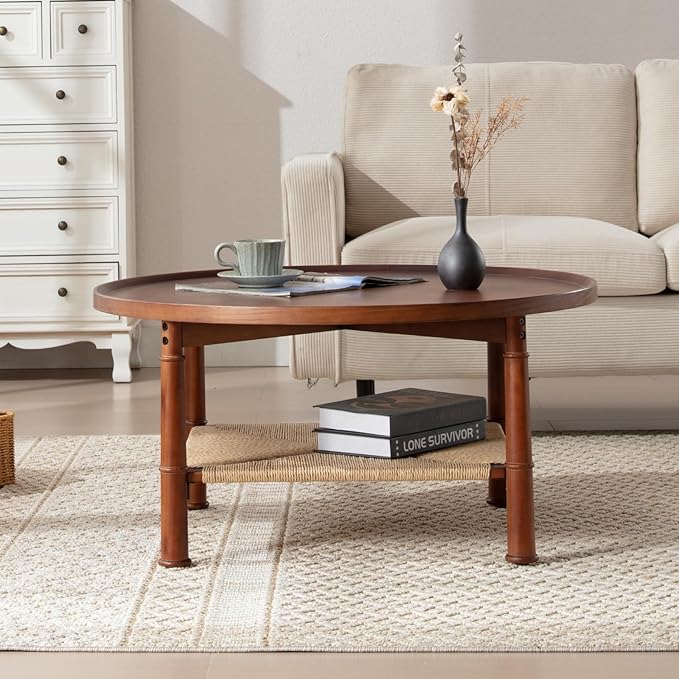 Round Wood Coffee Table for Living Room, Oak Wooden 2 Tier Circle Coffee Table