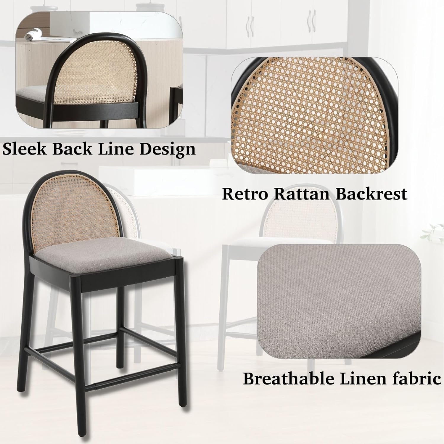 Modern Grey Rattan Counter Stools Set of 2, 26 Inch Height - Wooden Linen Upholstered Bar Stools