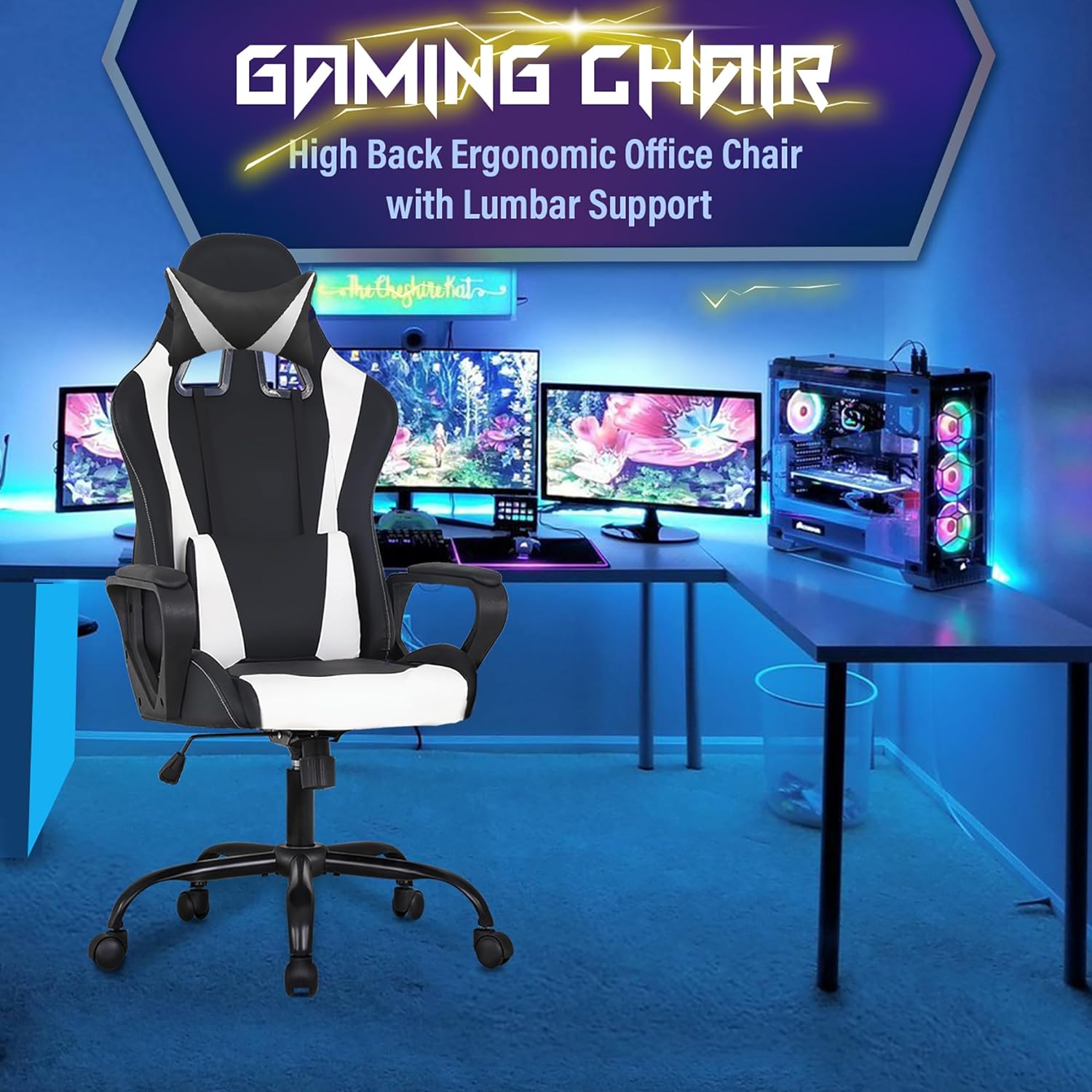 Faux Leather Seat Reclining Ergonomic Gaming Chair with Adjustable Arms