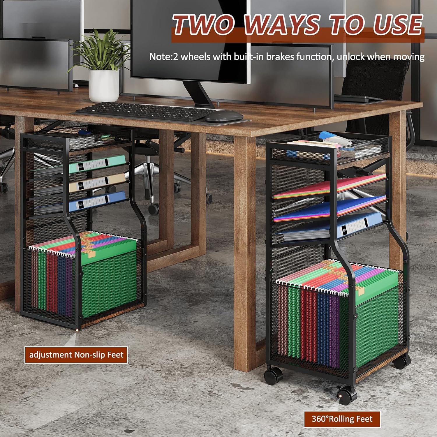 5-Tier Rolling File Cart with Hanging File Folders, Mobile Desk File Organizer on Lockable Wheels