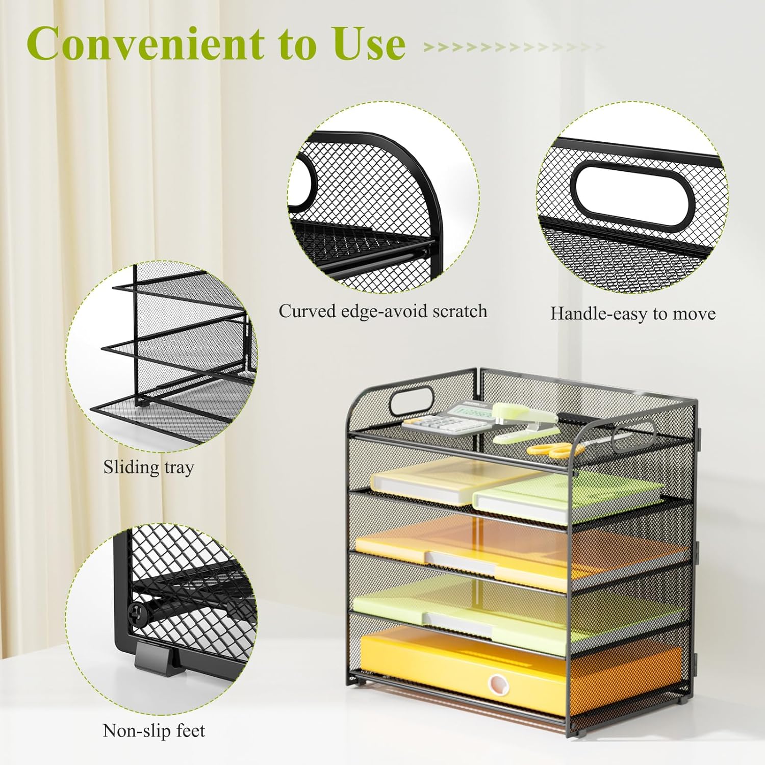 5 Tier Paper Letter Tray Organizer with Handles, Mesh Desk File Organizer Metal Paper Sorter Holder