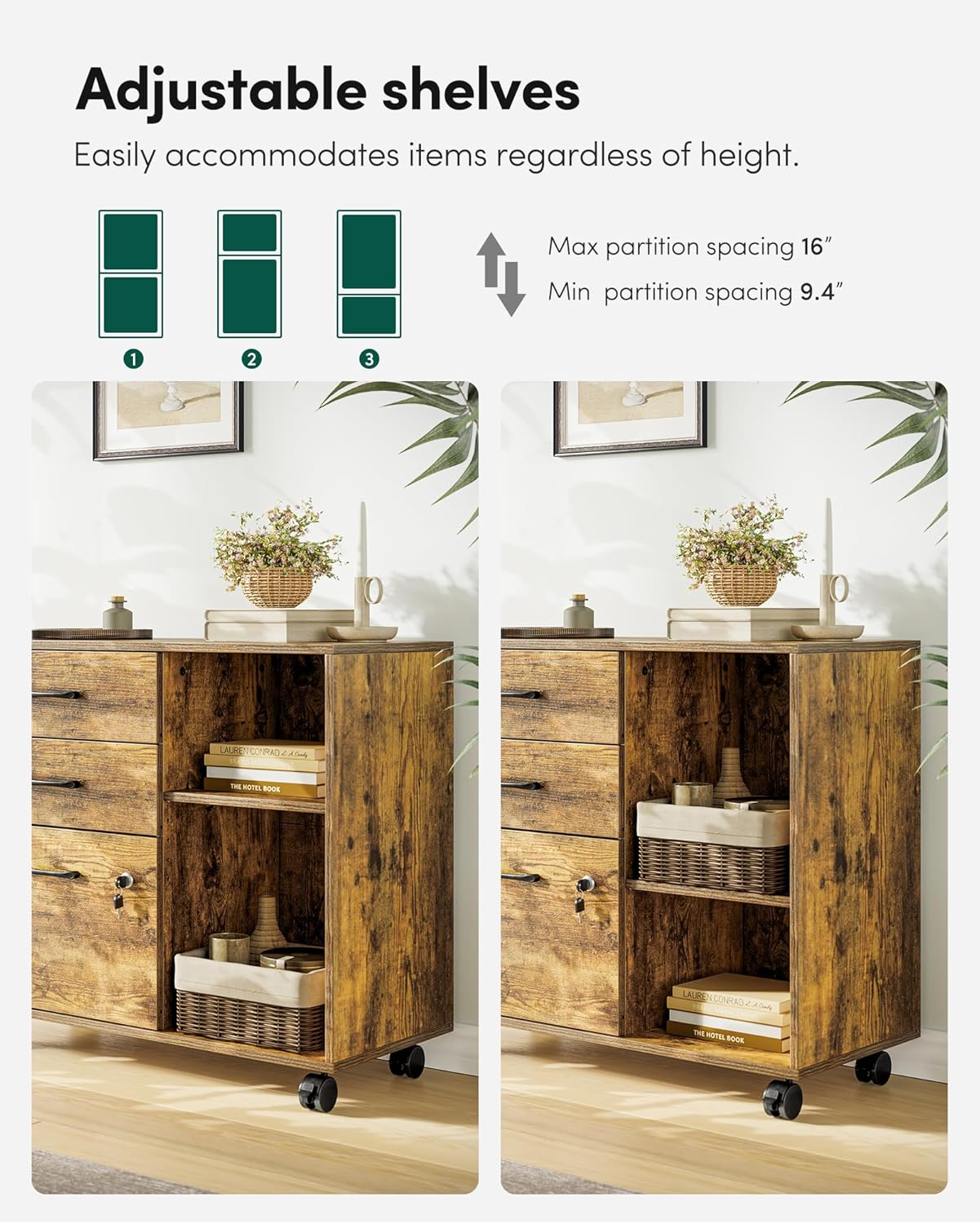 3-Drawer Mobile File Cabinet, Lateral Filing Cabinet with Lock