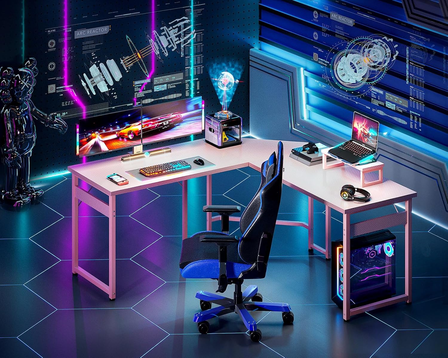 L Shaped Gaming Desk with Monitor Stand, Corner Desk Gaming Table for Home Office, Computer Desk Sturdy Writing Workstation