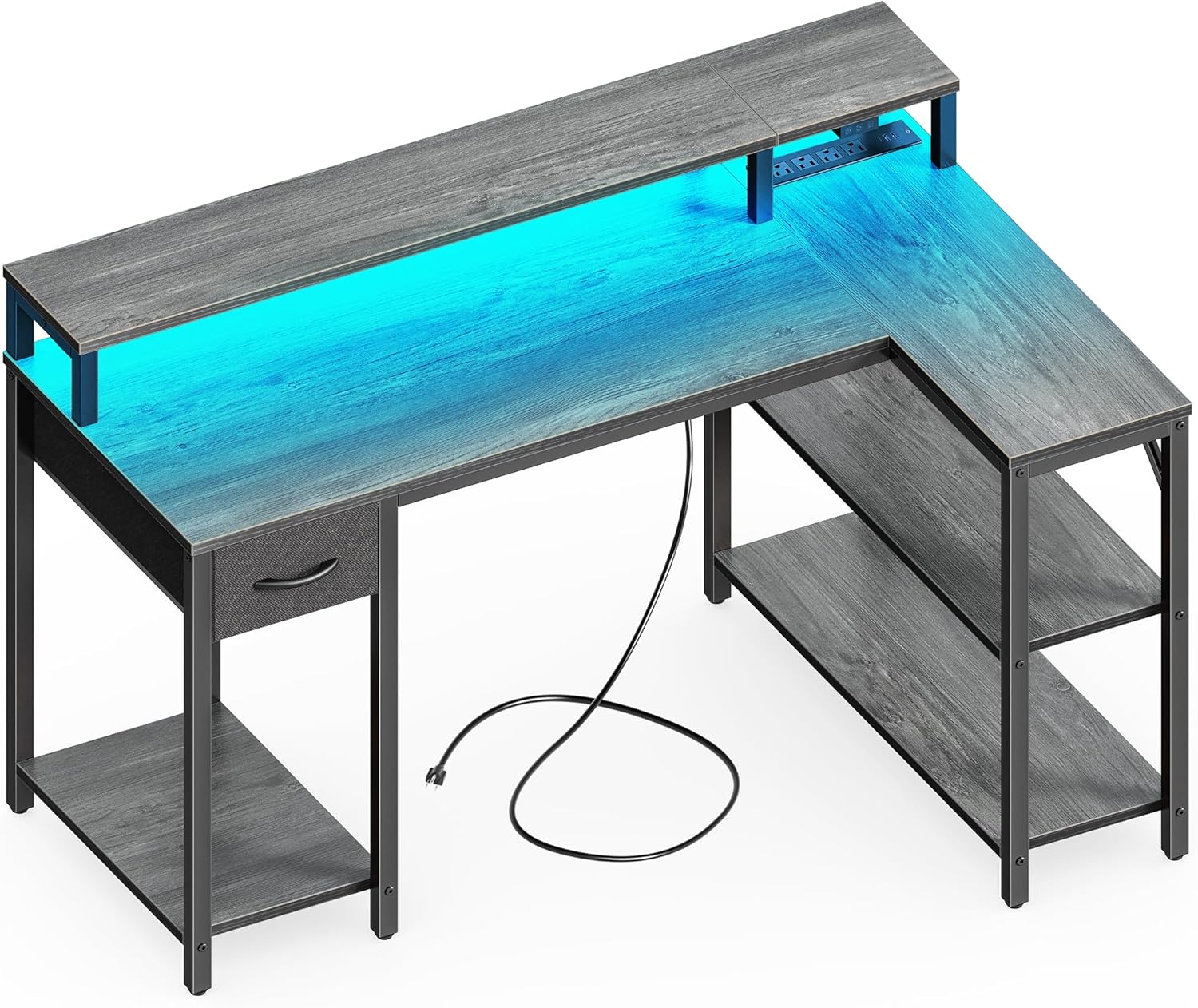 47 inch Reversible L Shaped Desk with LED Lights & Power Outlets, Computer Desk with Shelves & Monitor Stand