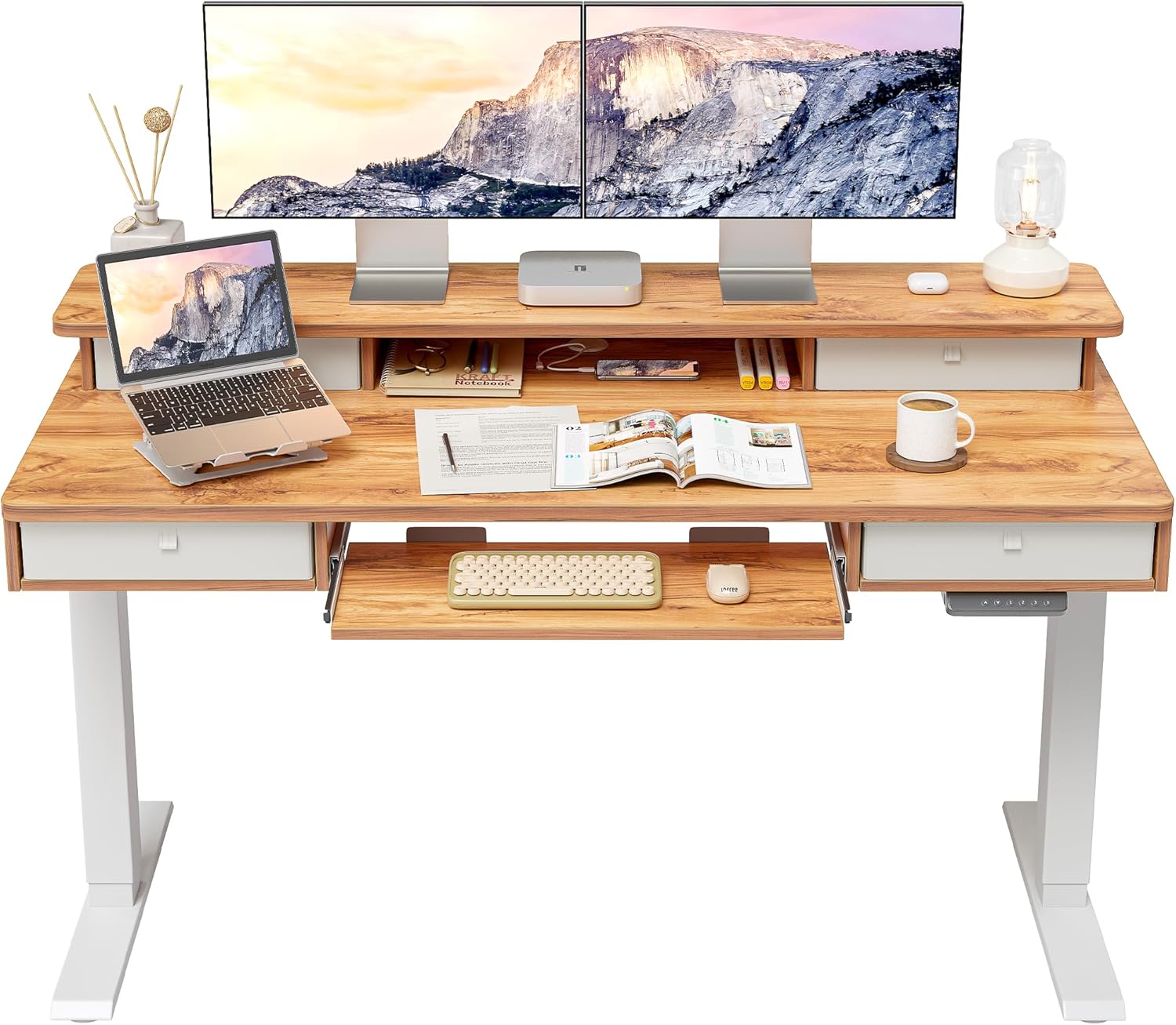 Height Adjustable Electric Standing Desk with 4 Drawers and Keyboard Tray, 55 x 24 Inch Table with Storage Shelf