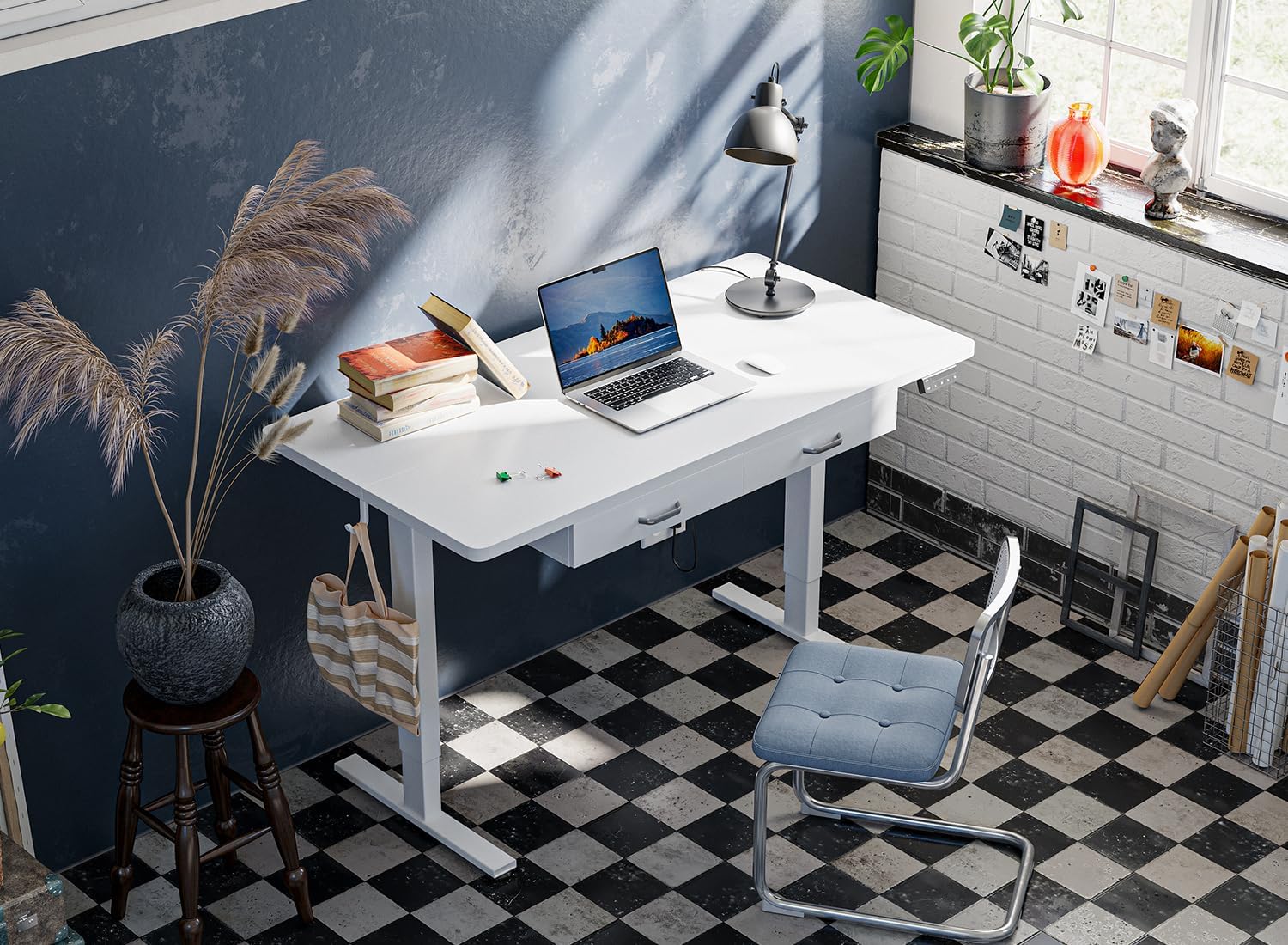 55 x 24 Inches Standing Desk with Double Wooden Drawers, Adjustable Height Electric Standing Desk