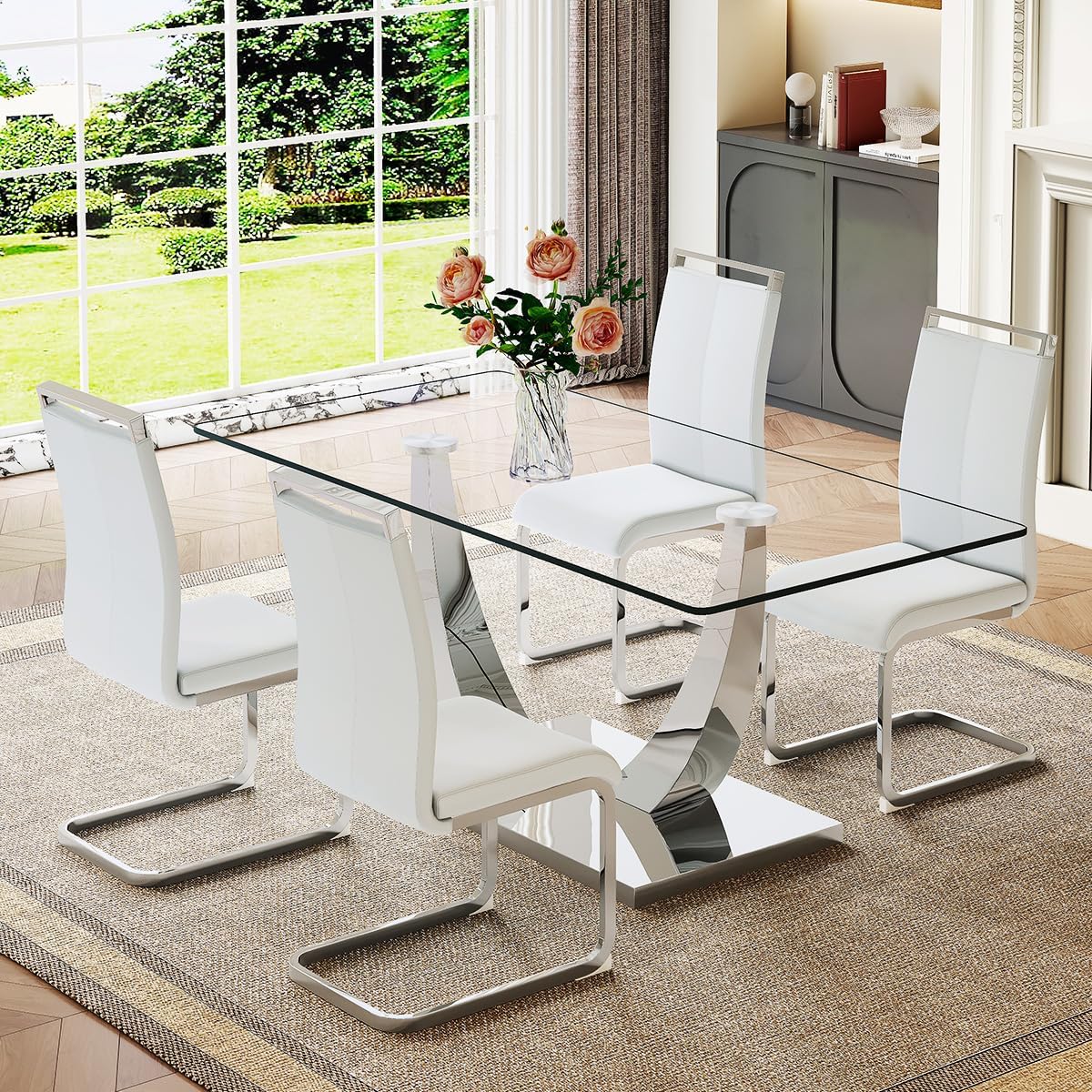 63'' Glass Dining Table Set for 4, Dining Room Table Set for 4