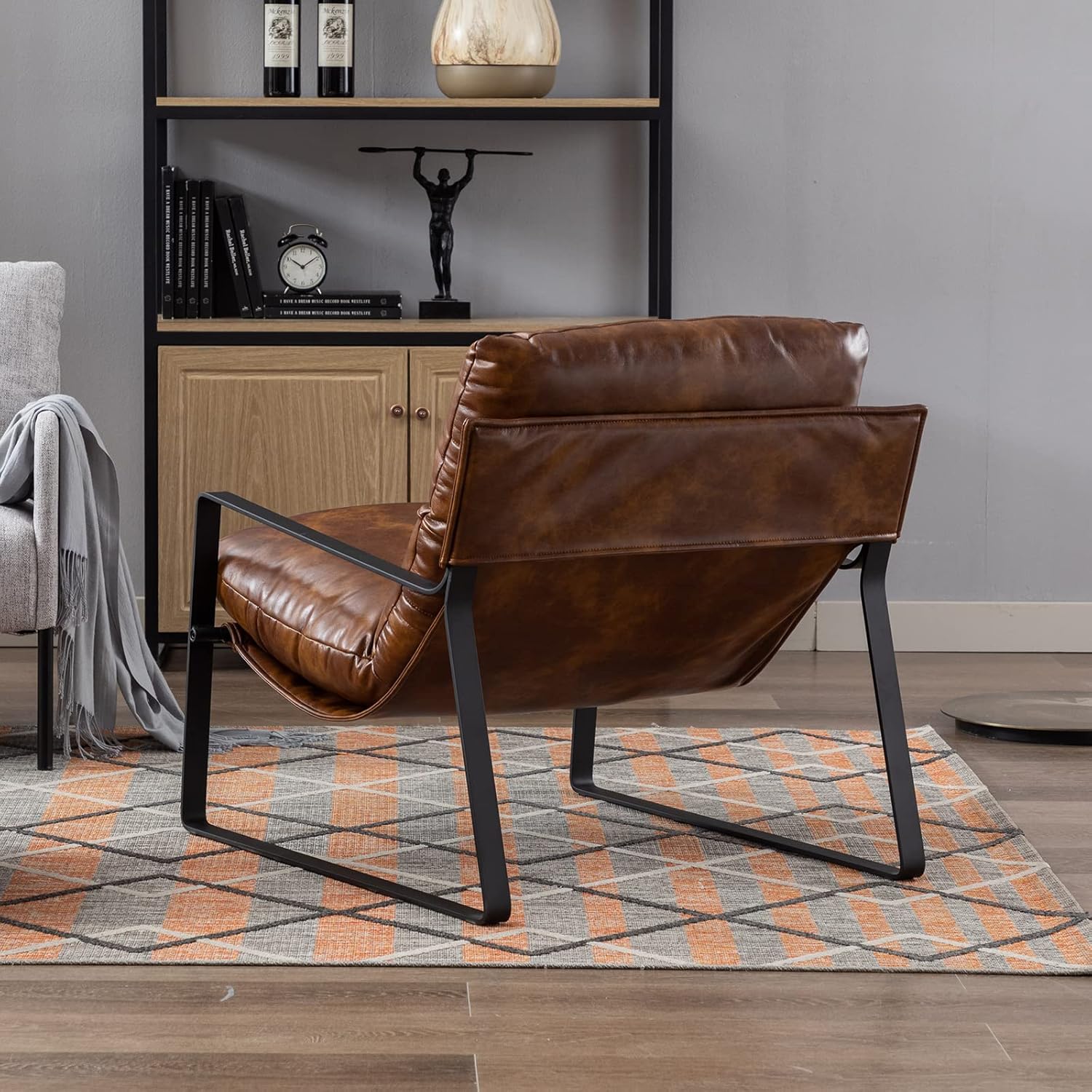 Mid-Century Accent Chair Armchair, Comfy PU Leather Leisure Chair Lazy Chair