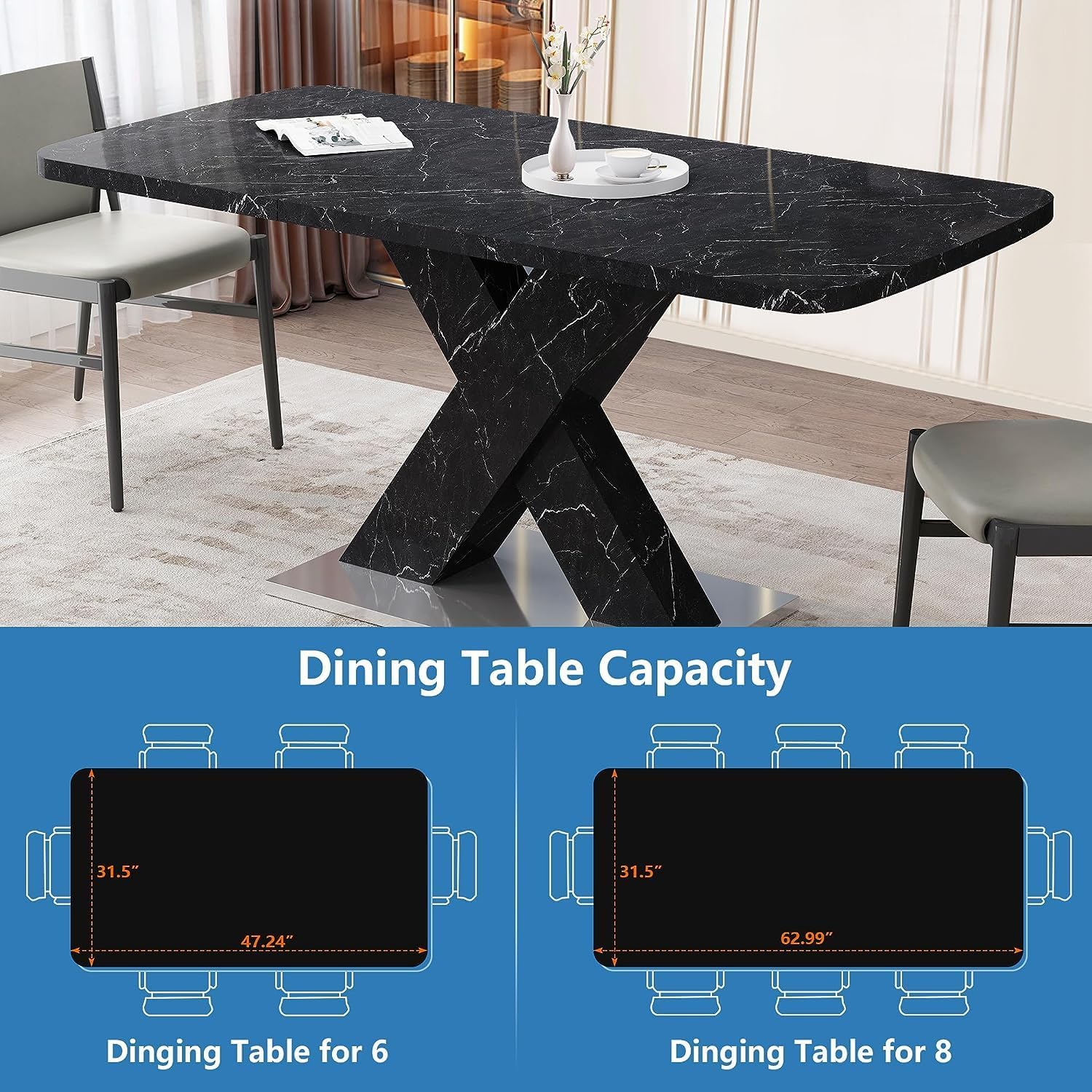 47.24"-62.99" Black Dining Table, Rectangular Stretchable Modern Dining Table