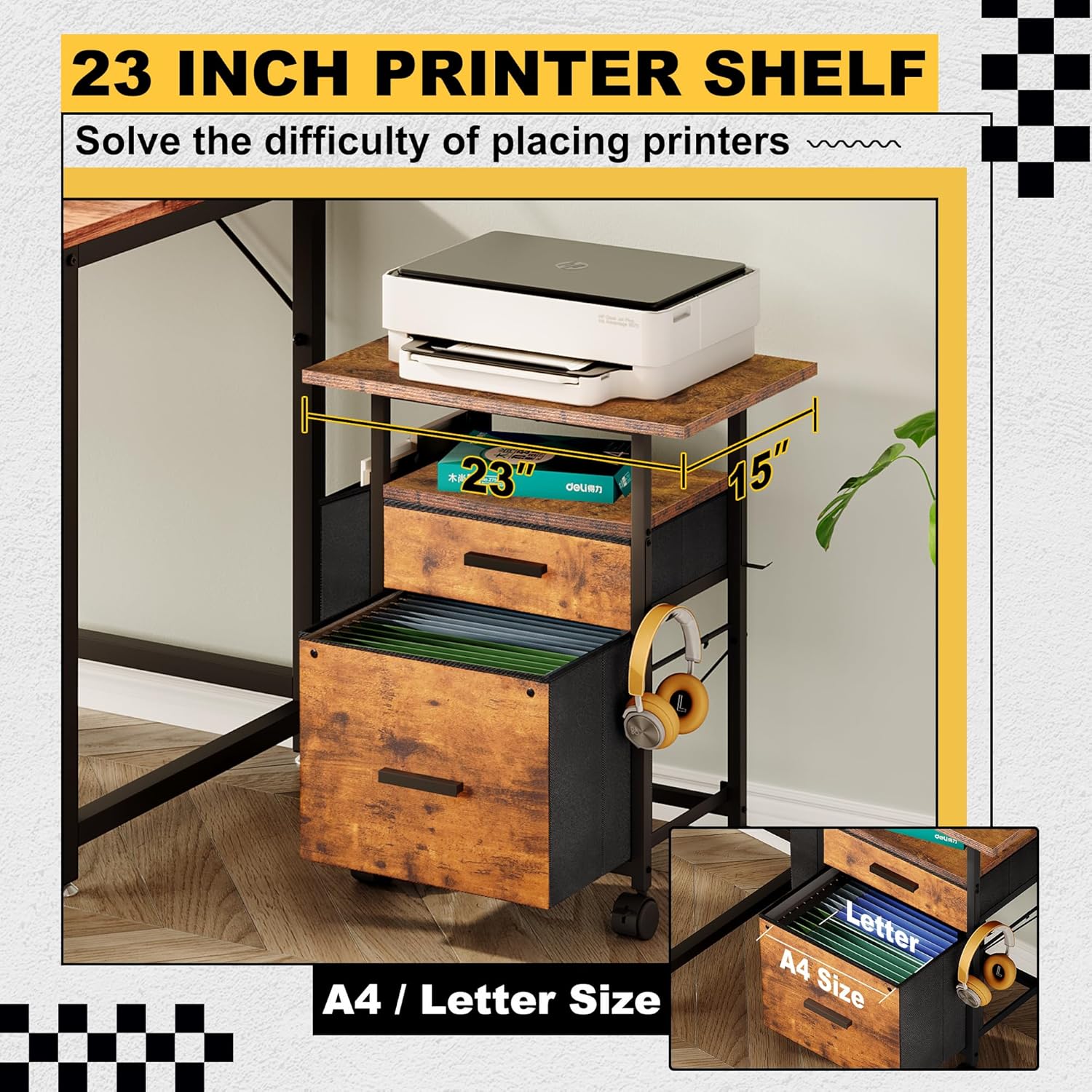 File Cabinet Printer Stand, Mobile Filing Cabinet with 2 Storage Drawers, for Hanging A4, Letter Size File Folders