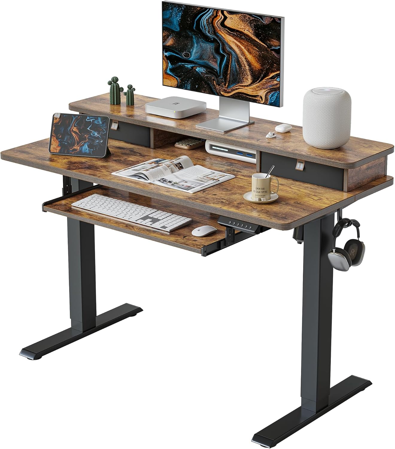 Standing Desk with Drawers, Adjustable Height Desk with Keyboard Tray, Stand Up Desk with Storage Shelf