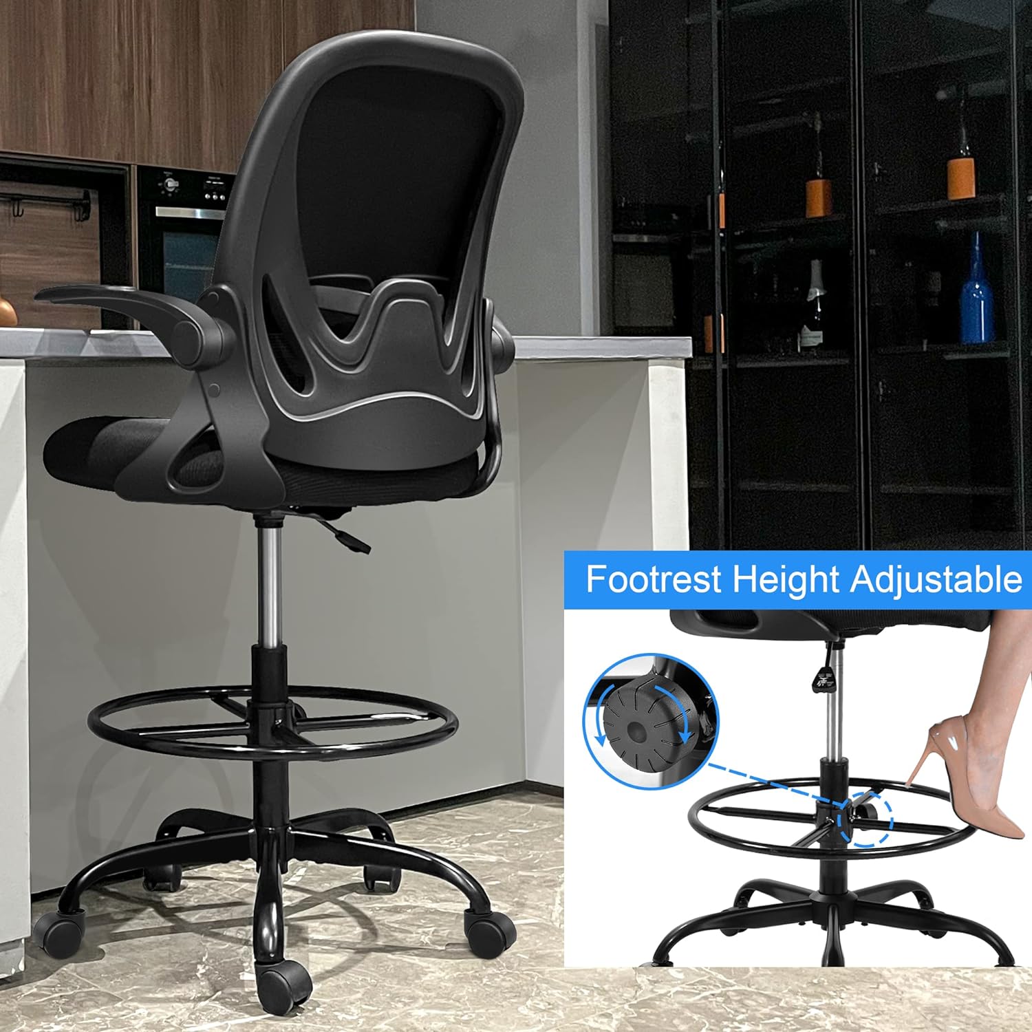Drafting Chair Tall Office Chair with Flip-up Armrests Executive Ergonomic Computer Standing Desk Chair