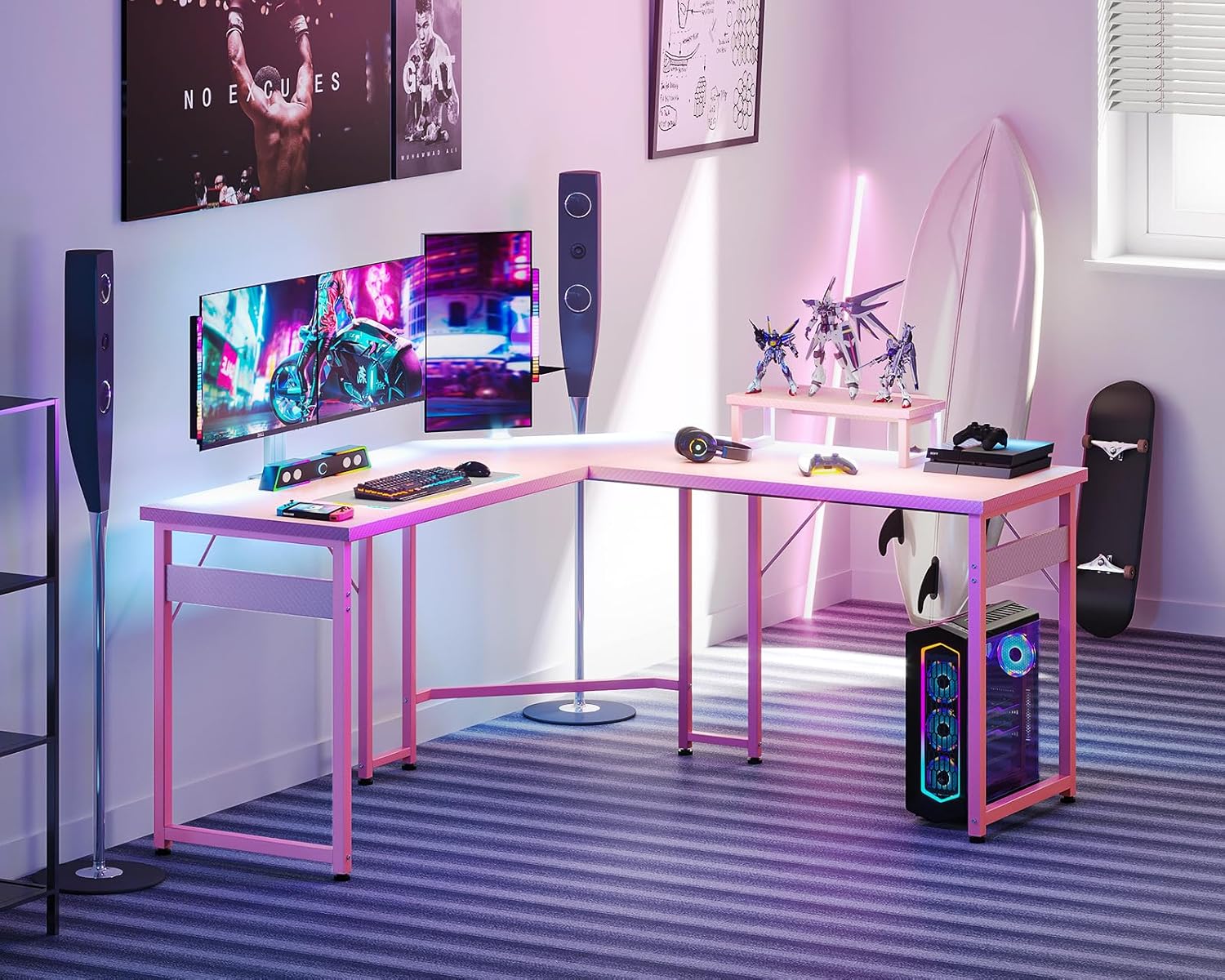 L Shaped Gaming Desk with Monitor Stand, Corner Desk Gaming Table for Home Office, Computer Desk Sturdy Writing Workstation