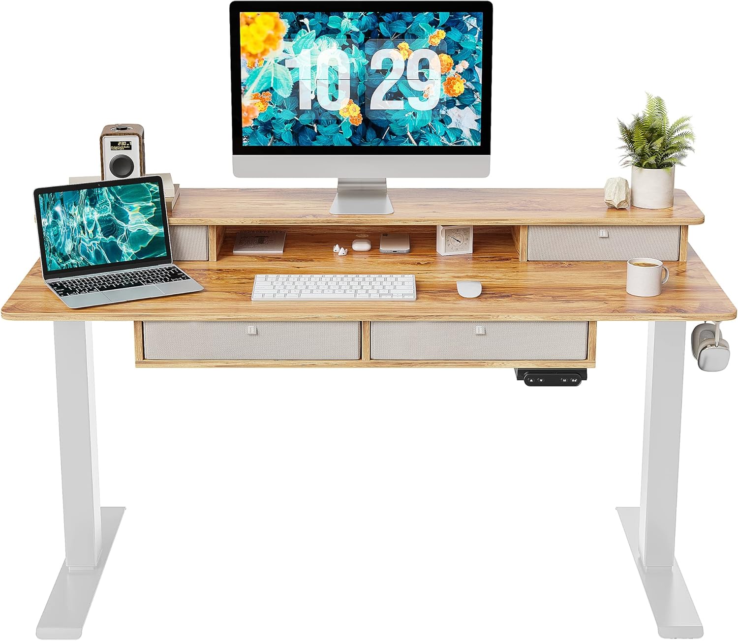 Sturdy Height Adjustable Electric Standing Desk with Drawers, 55 x 24 Inch Stand Up Table with Large Storage Shelf
