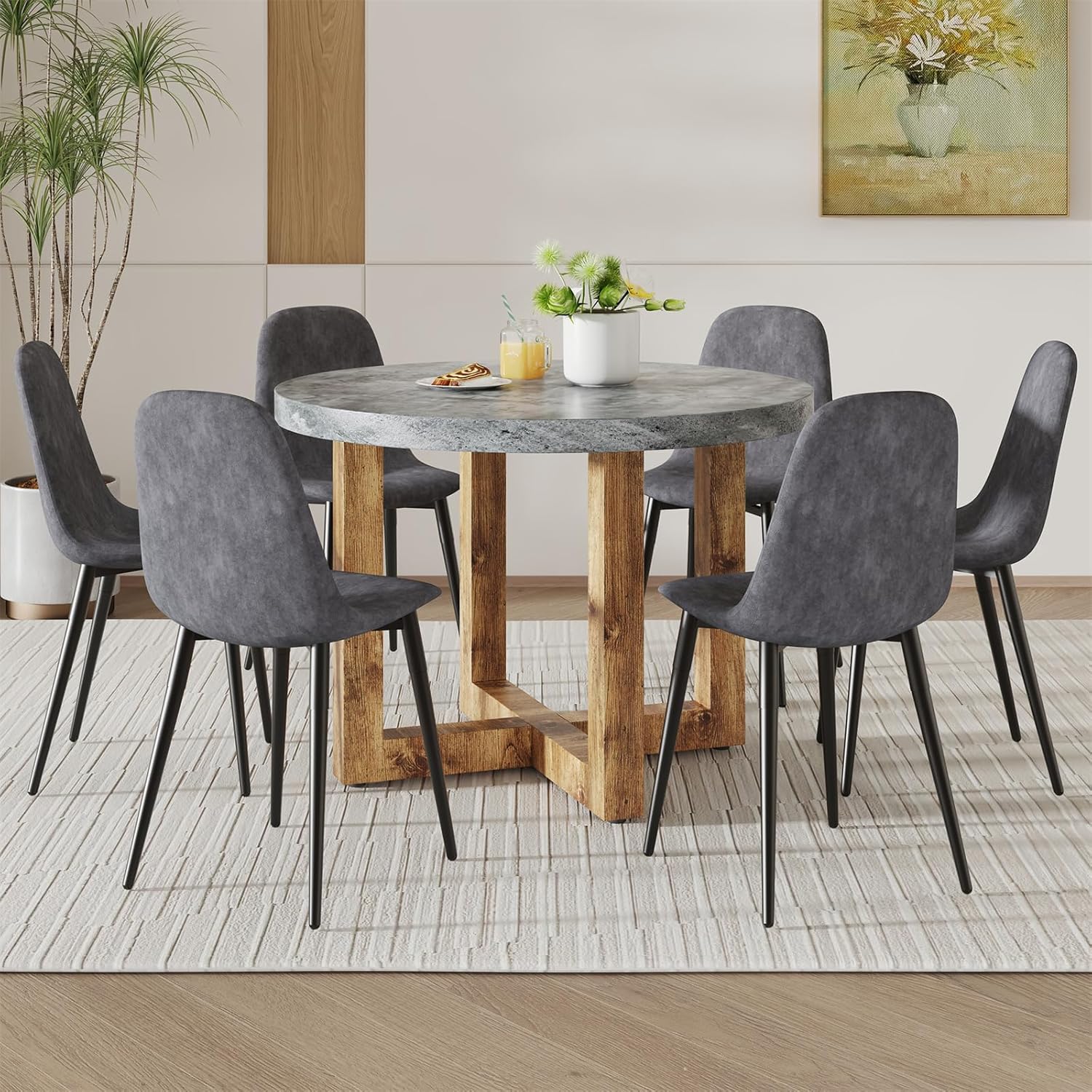 7-Piece Dining Table and Chair Set, Round Wooden Dining Set with Cushioned Chairs