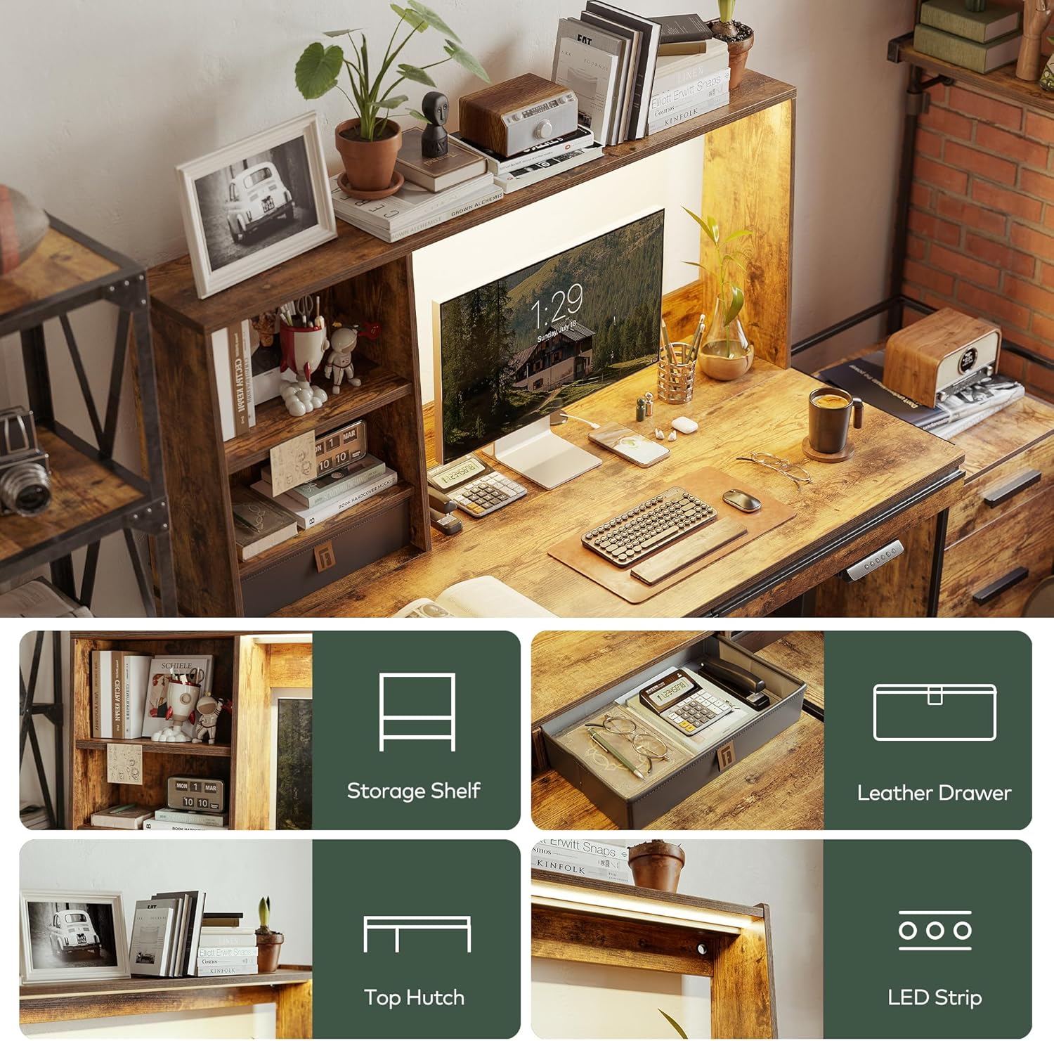 55 x 27.5 Inches Electric Standing Desk with Open Shelf&LED Strip, Adjustable Height Sit Stand Up Desks with 3 Drawers