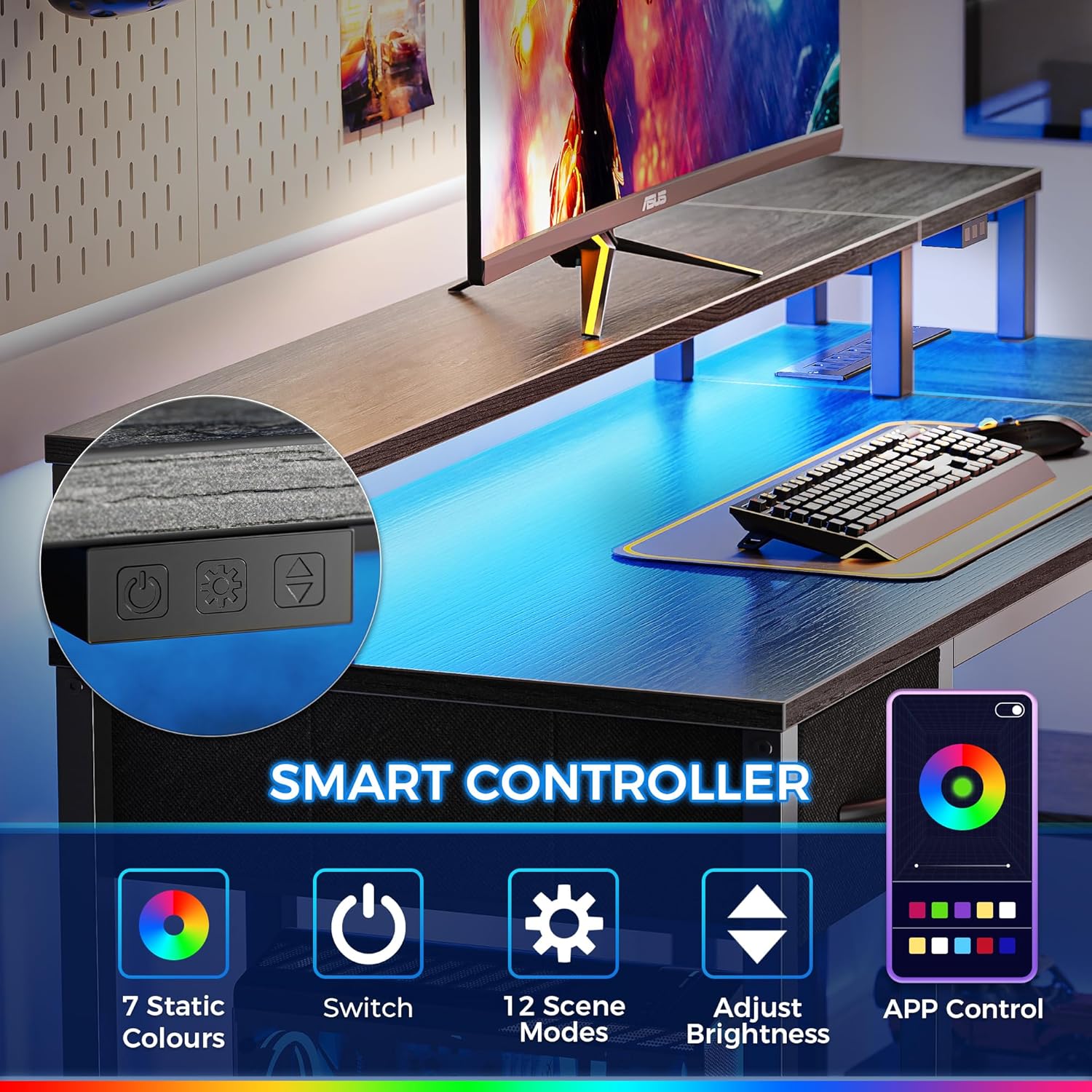 47 inch Reversible L Shaped Desk with LED Lights & Power Outlets, Computer Desk with Shelves & Monitor Stand