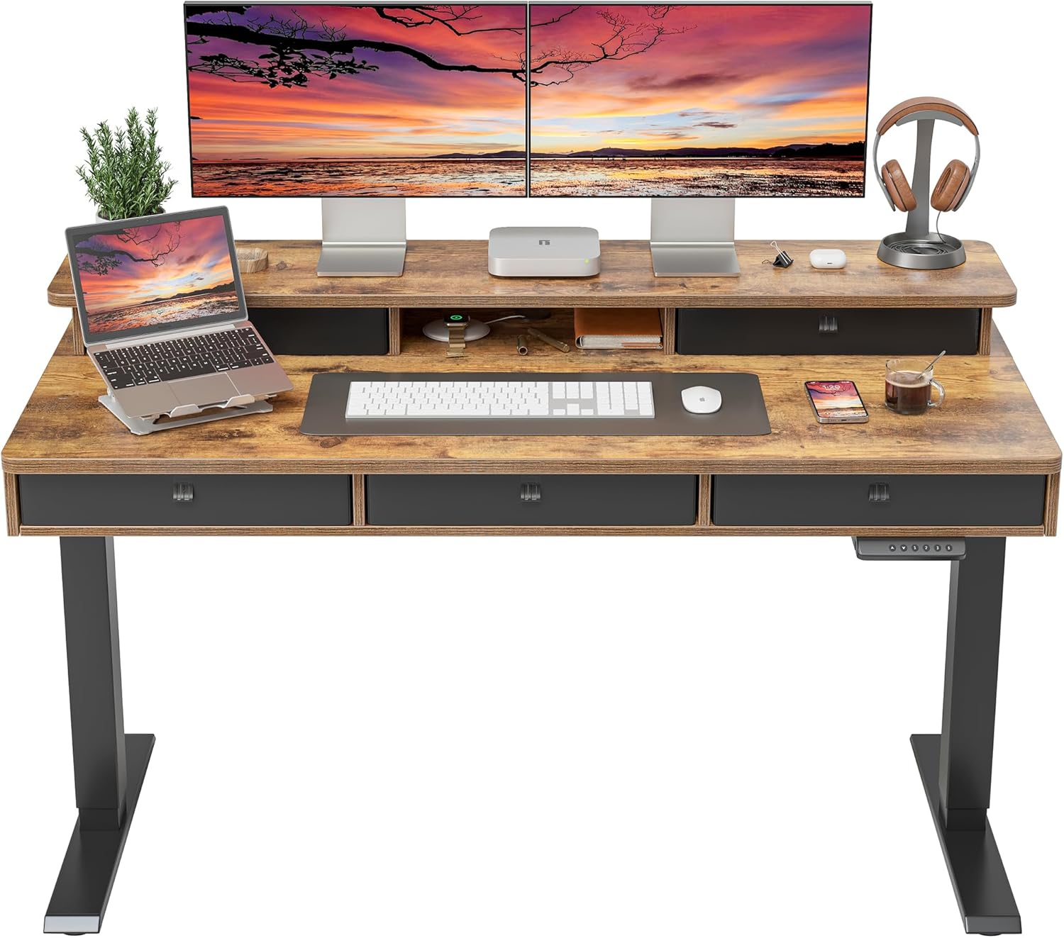 Height Adjustable Electric Standing Desk with 5 Drawers, 55 x 24 Inch Table with Storage Shelf
