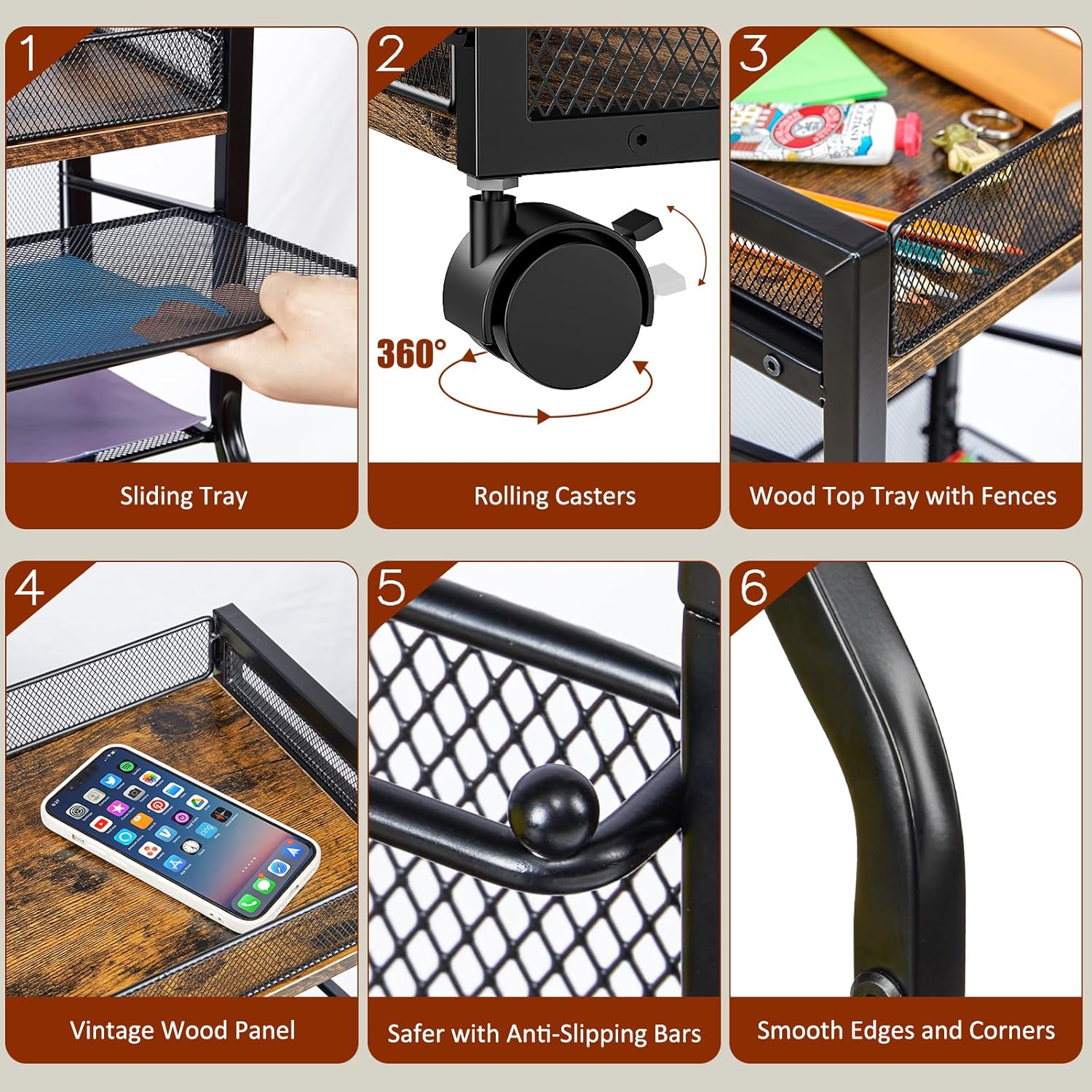 5-Tier Rolling File Cart with Hanging File Folders, Mobile Desk File Organizer on Lockable Wheels