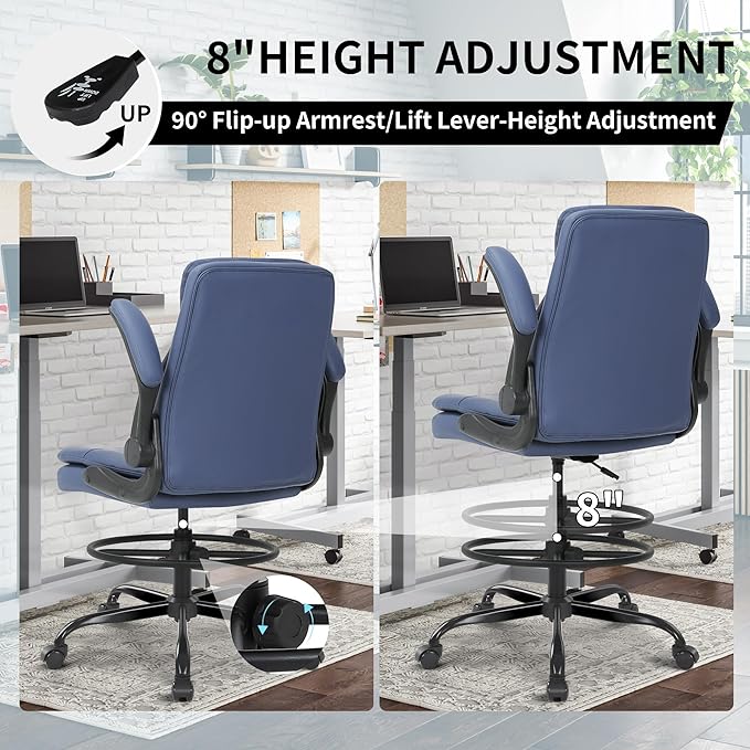 Tall Office Chair, Drafting Chair for Standing Desk, High Desk Chair with Adjustable Height and Flip-up Arm