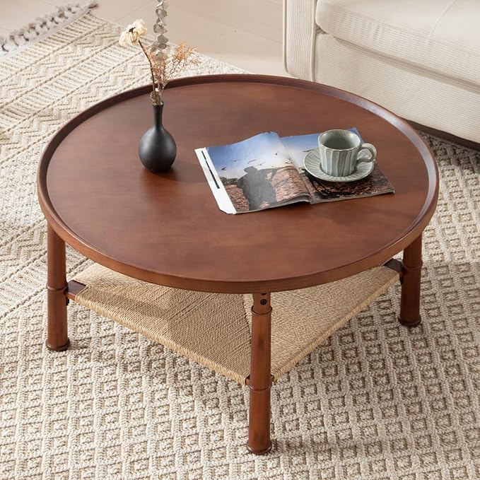 Round Wood Coffee Table for Living Room, Oak Wooden 2 Tier Circle Coffee Table