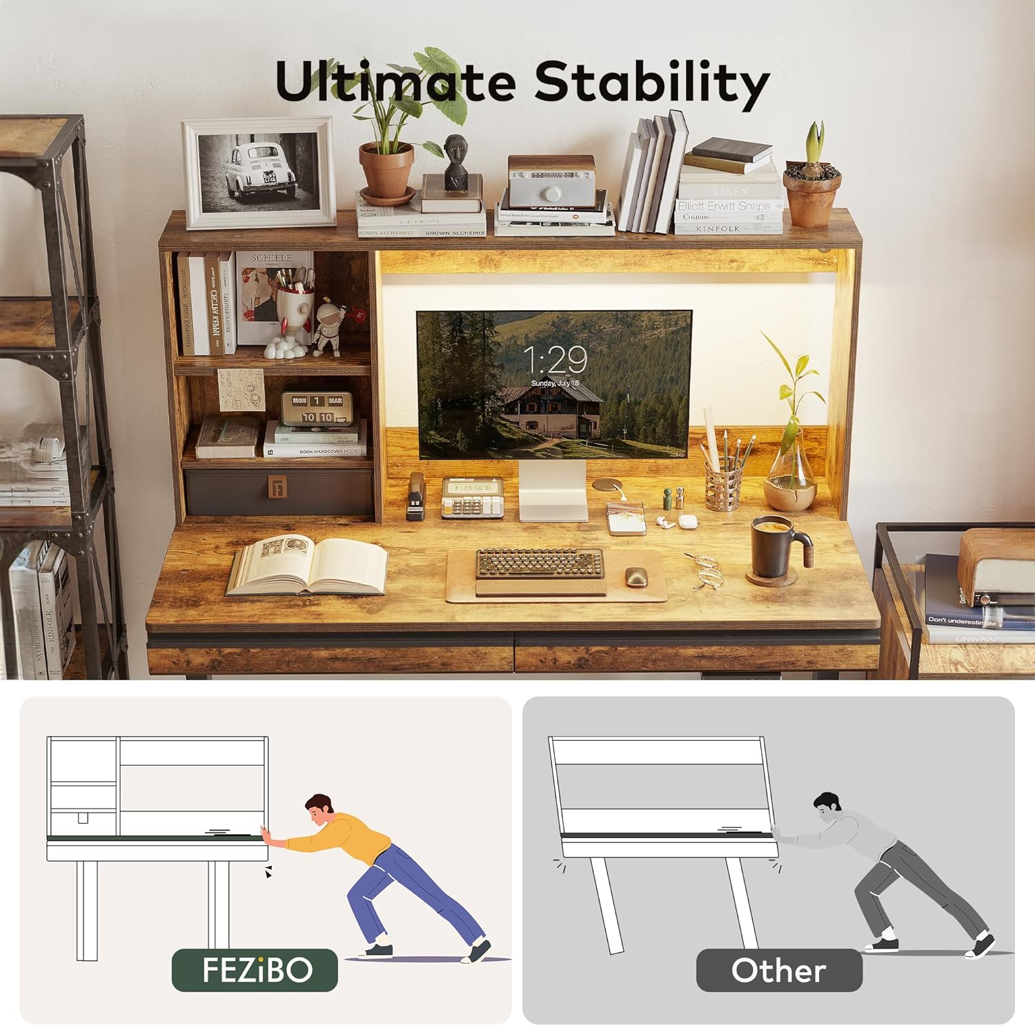55 x 27.5 Inches Electric Standing Desk with Open Shelf&LED Strip, Adjustable Height Sit Stand Up Desks with 3 Drawers