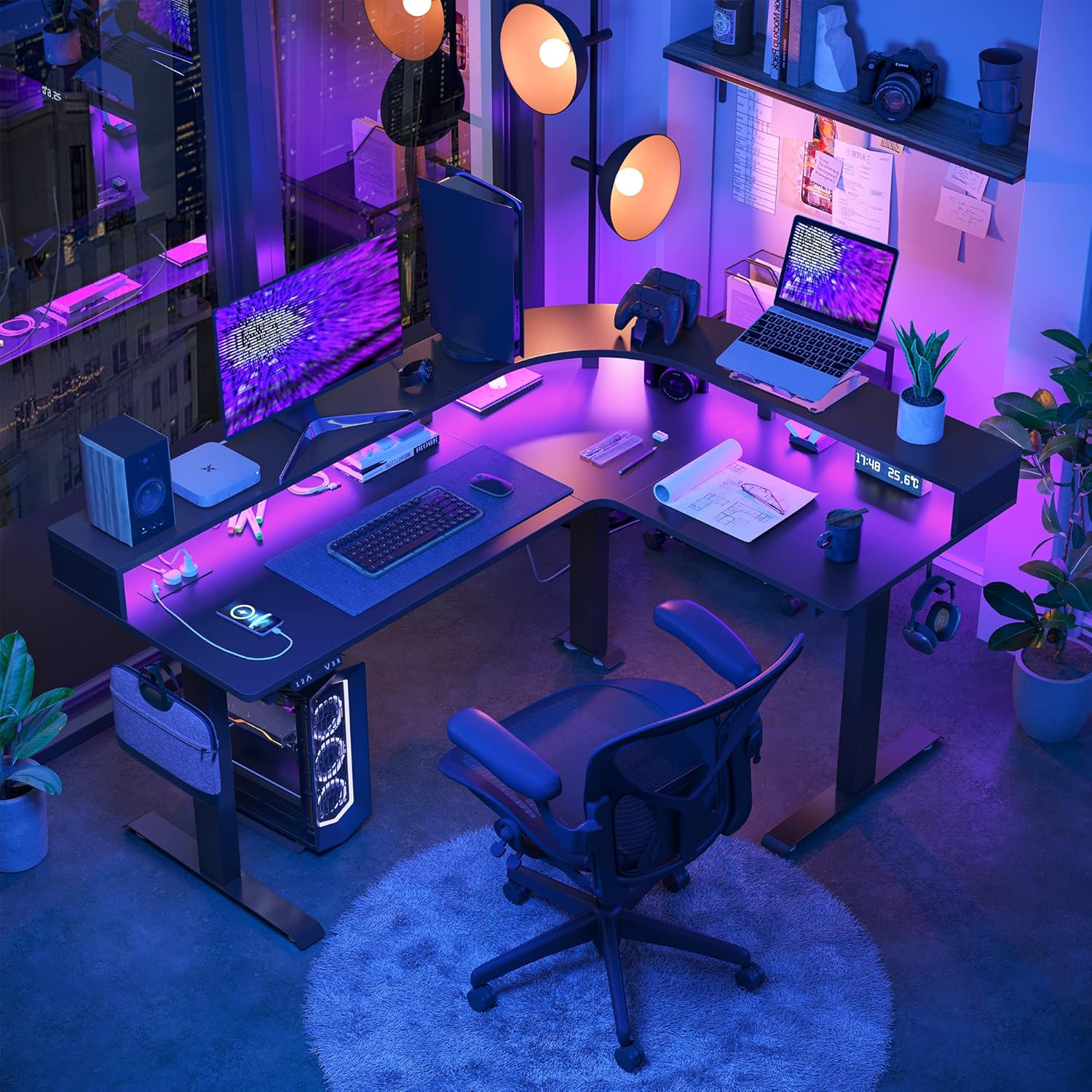 L Shaped Standing Desk with Arc LED & Power Outlet, Exclusive Uprated 3 Motors Support 330LBS