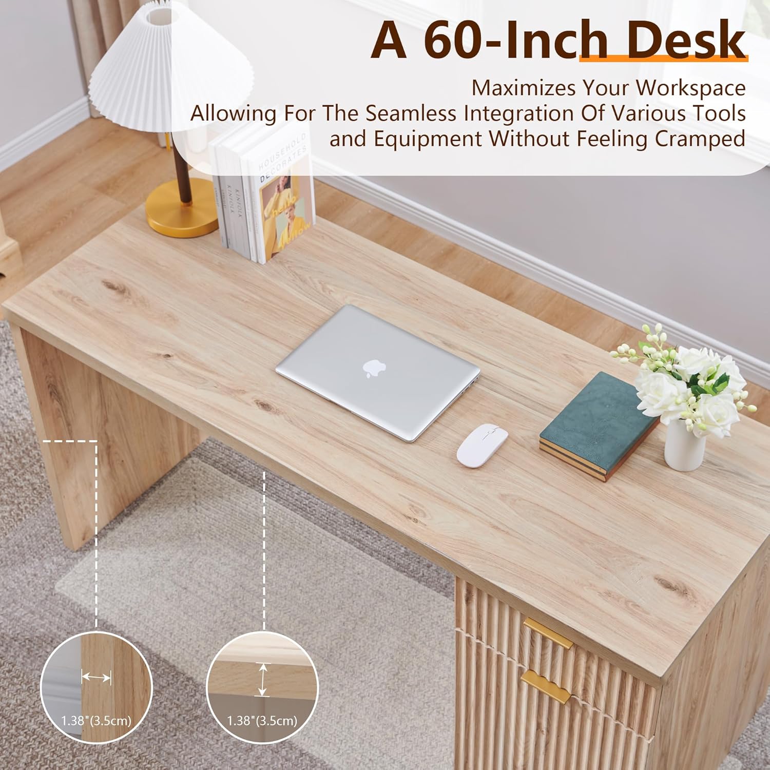 60" Modern Executive Desk with Storage, Wood Home Office Desk with Drawer & Cabinet