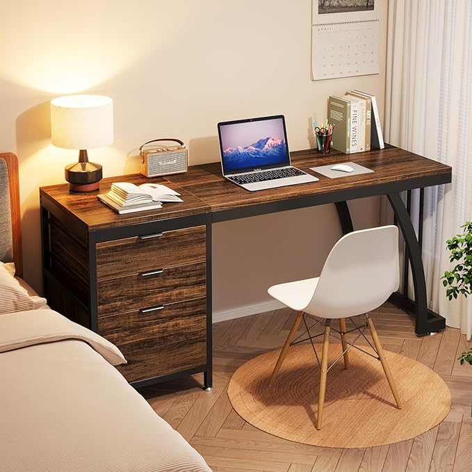 Computer Desk with 3 Drawers, 59-Inch PC Desk with Reversible Drawers, Industrial Study Writing Table Workstation