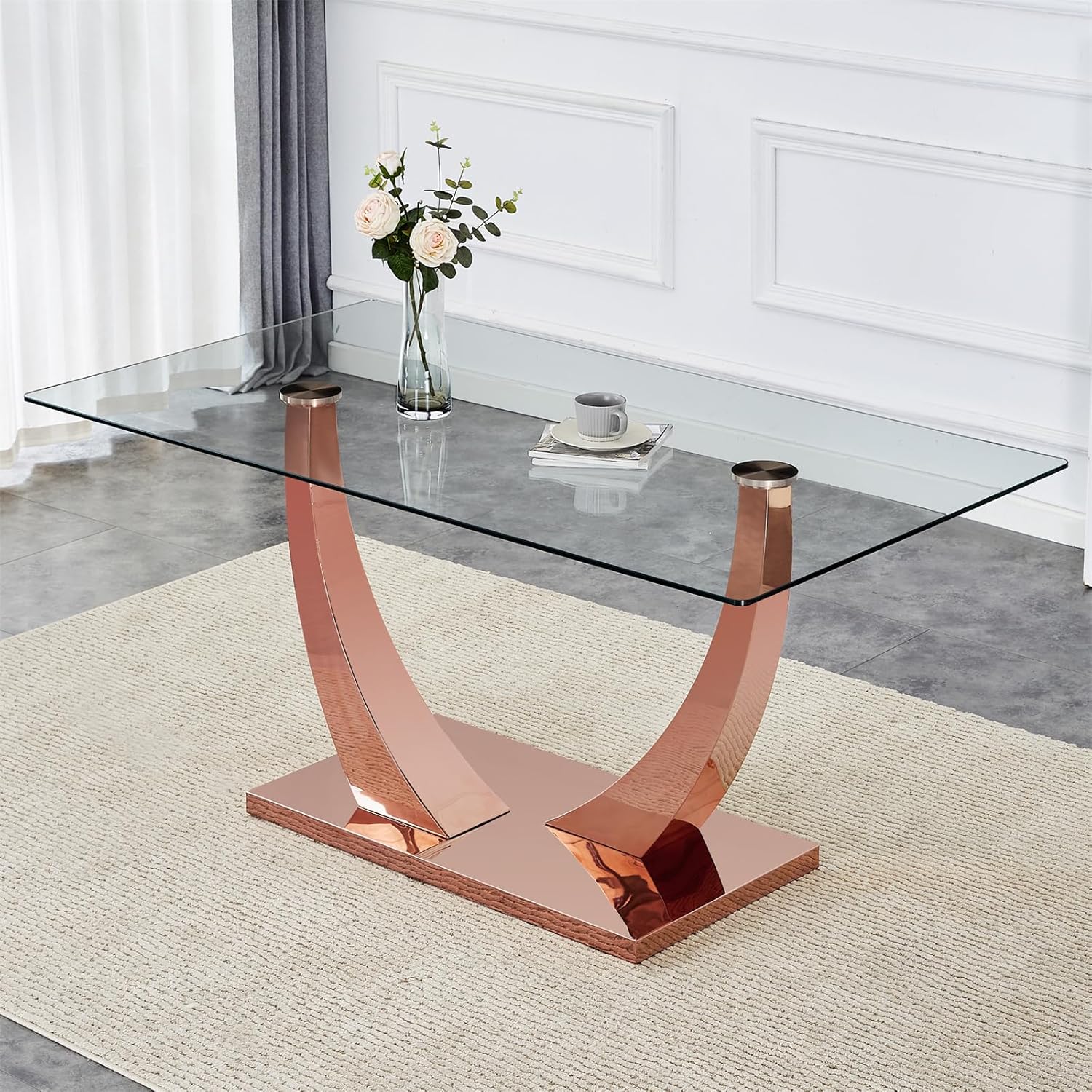 Glass Dining Table, 63" Glass Tabletop + Stainless Steel Leg + Stainless Steel Base