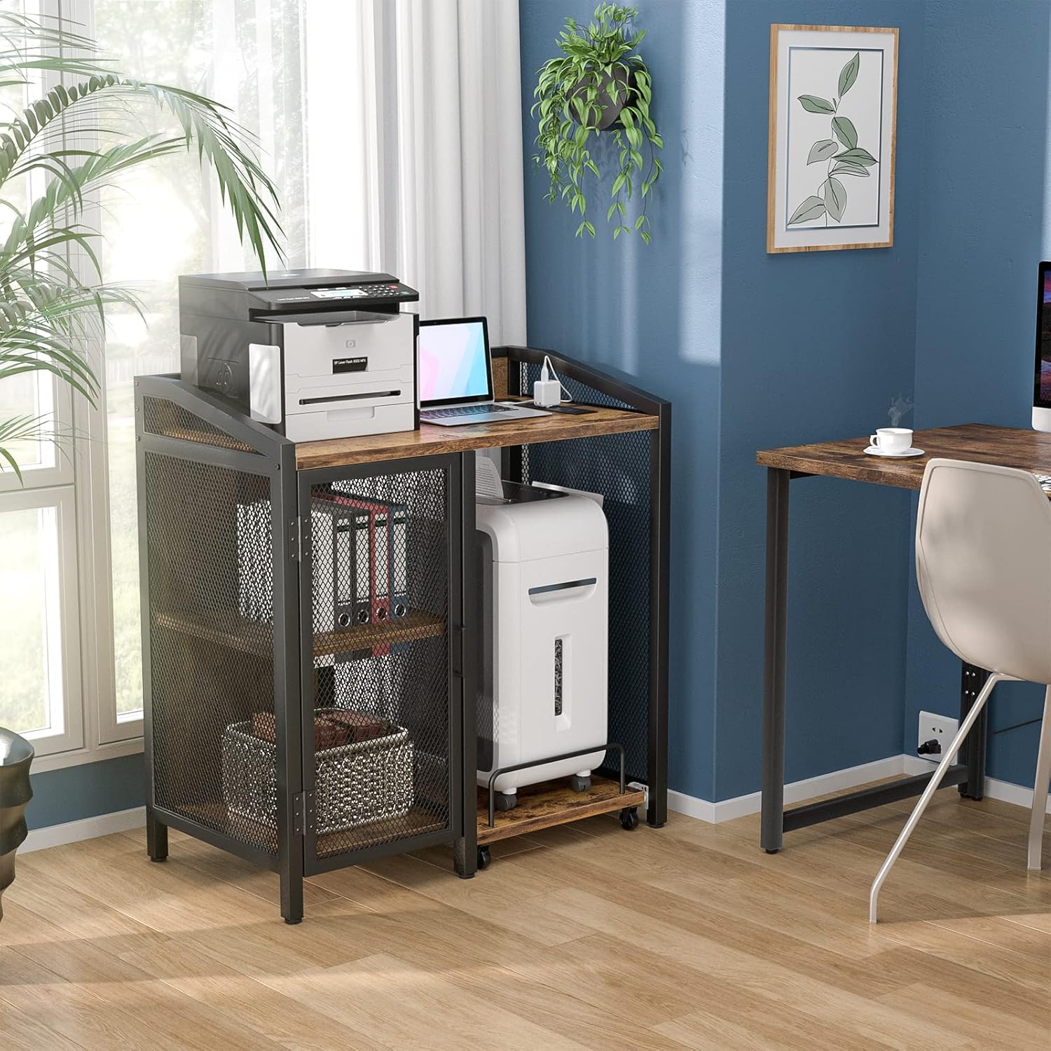 3-Tier Lateral Office Filing Cabinets with Socket and USB Charging Port, Modern Printer Stand and Paper Shredder Stand Rack