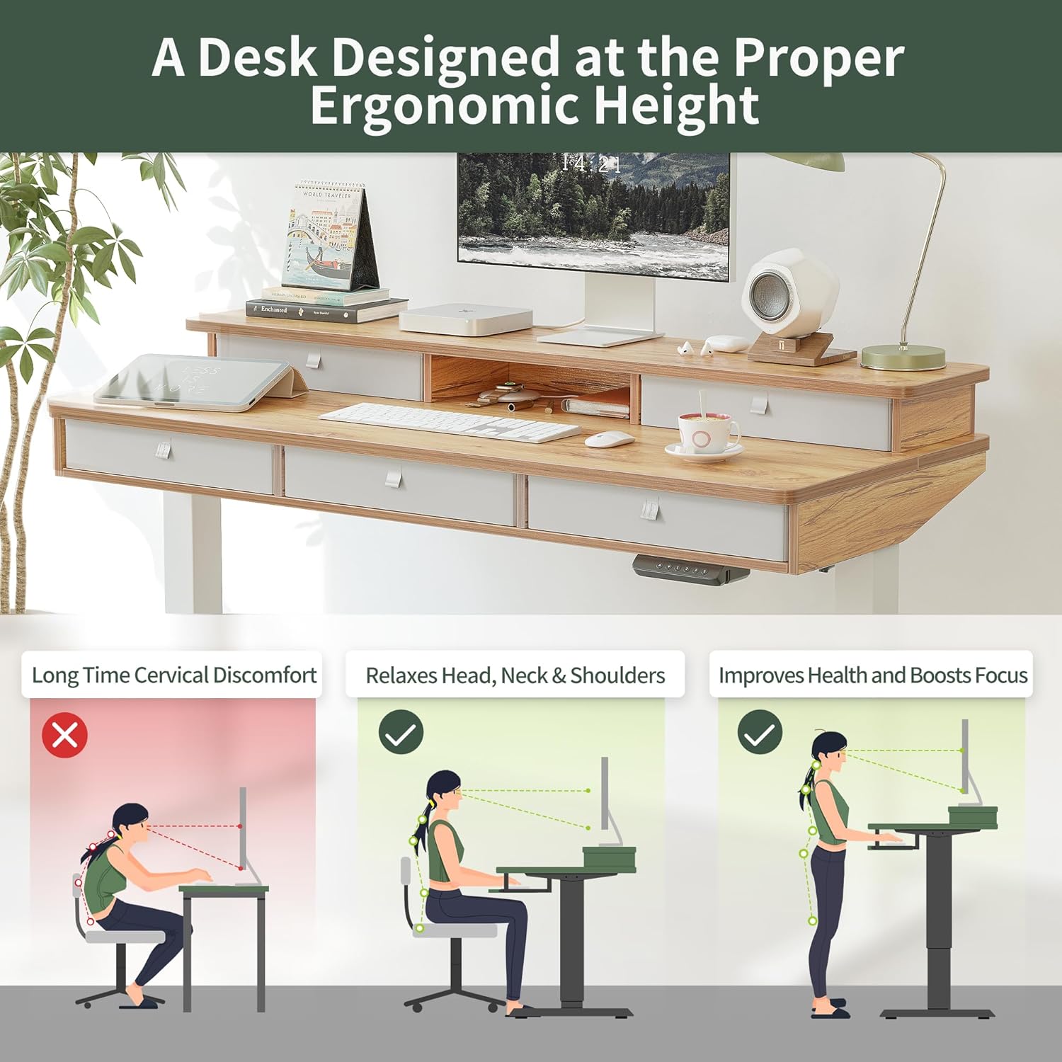 Height Adjustable Electric Standing Desk with 5 Drawers, 48 x 24 Inch Table with Storage Shelf
