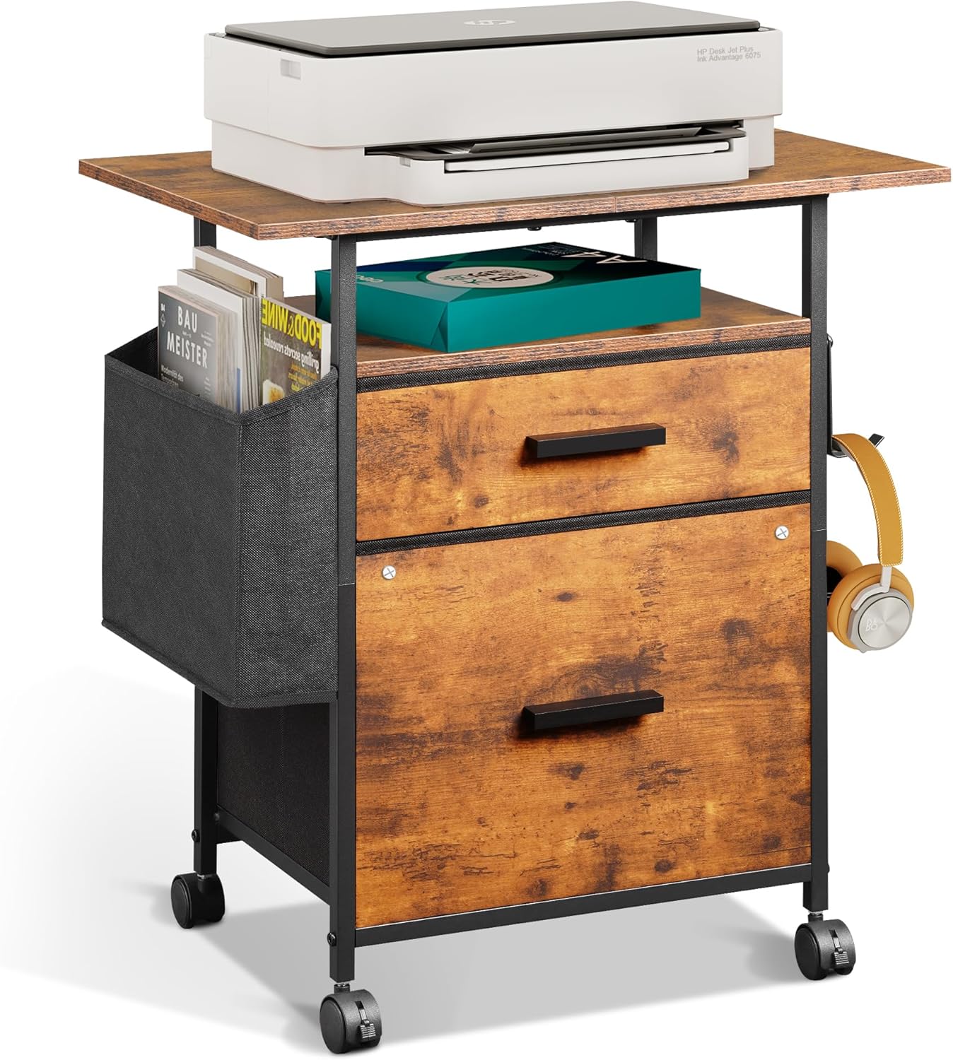 File Cabinet Printer Stand, Mobile Filing Cabinet with 2 Storage Drawers, for Hanging A4, Letter Size File Folders