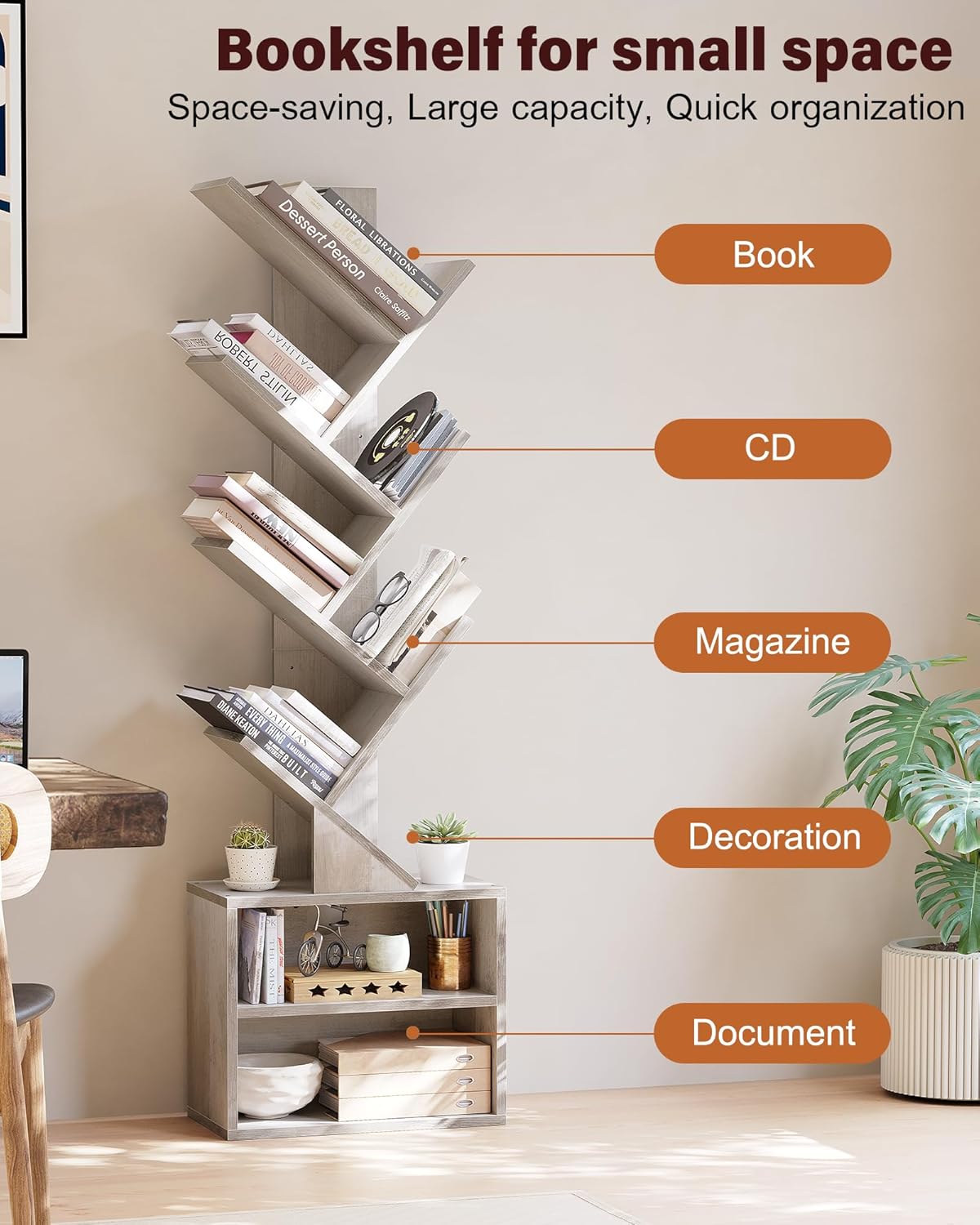 6 Tier Tree Bookshelf, Tall Bookcase with Storage Cabinet, Modern Narrow Bookshelves Organizer
