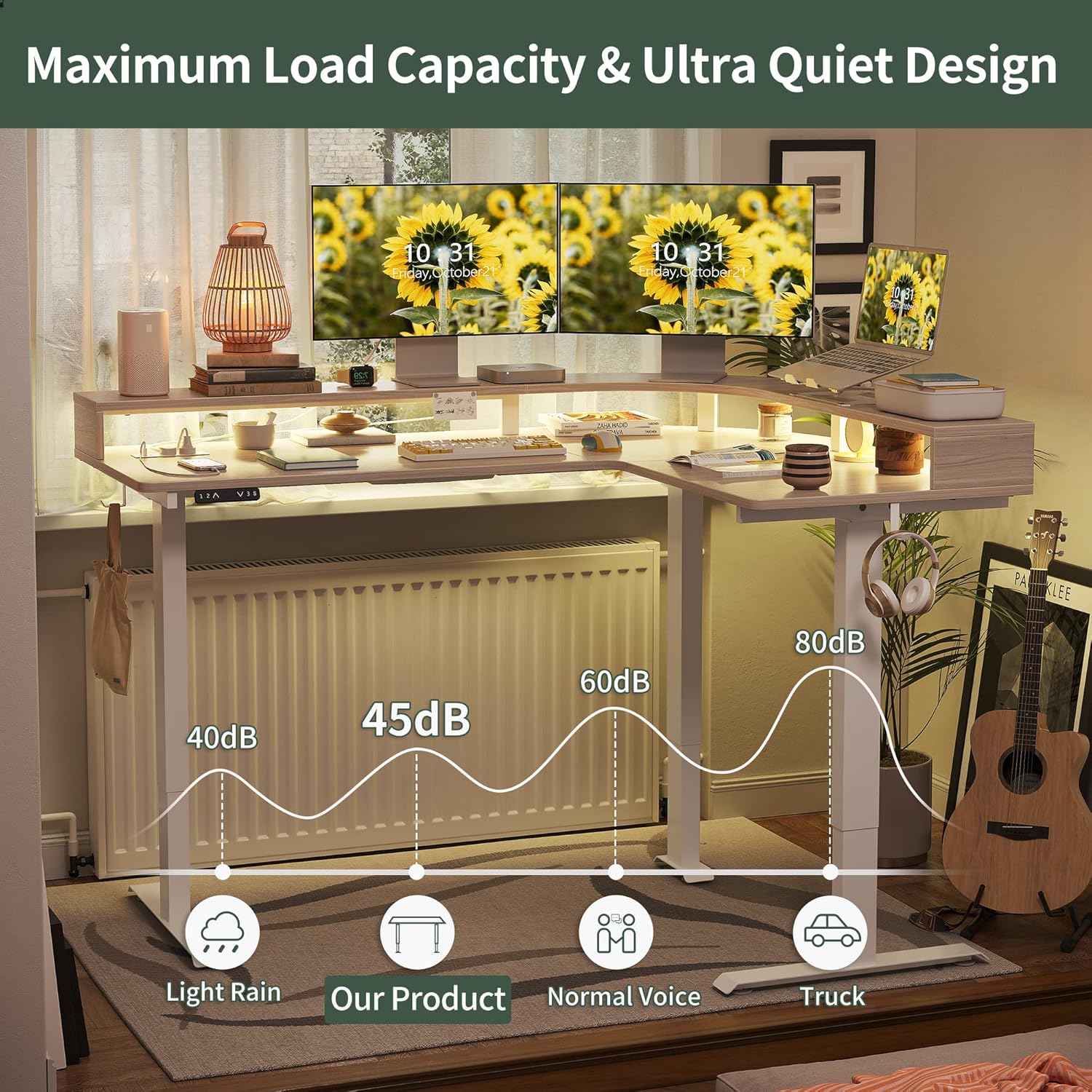 Triple Motor L Shaped Stadning Desk with LED Strip & Power Outrlets，63 inches Height Adjustable Stand up Corner Desk