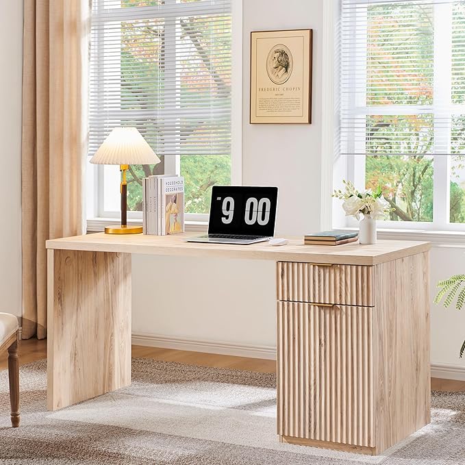 60" Modern Executive Desk with Storage, Wood Home Office Desk with Drawer & Cabinet