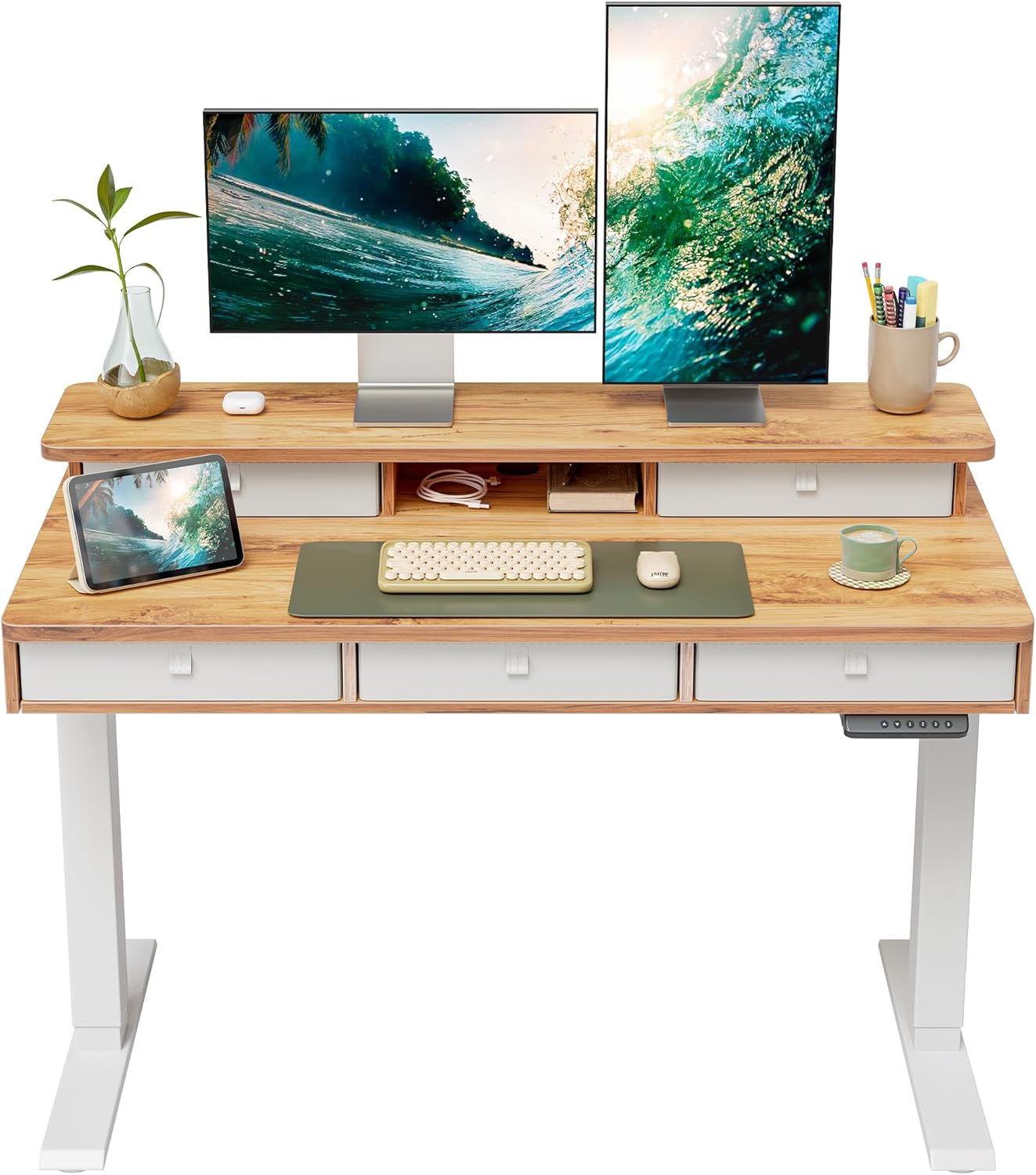 Height Adjustable Electric Standing Desk with 5 Drawers, 48 x 24 Inch Table with Storage Shelf